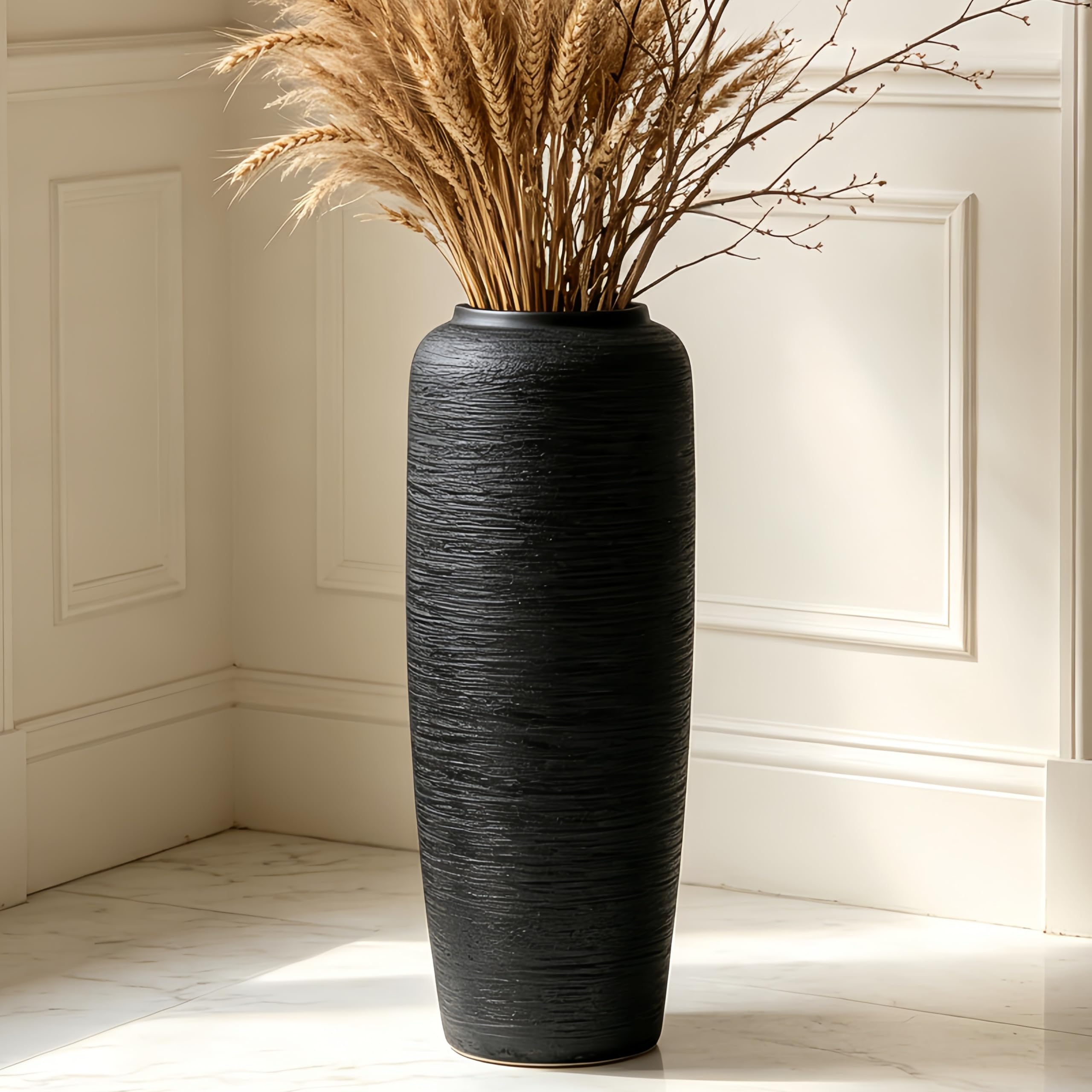 Vintage Keramik Schwarz Bodenvase, 50 cm, Rustikaler Boho Stil für Pampasgras, Blumen oder Dekor, Perfekt für Wohnzimmer, Eingang oder Tisch