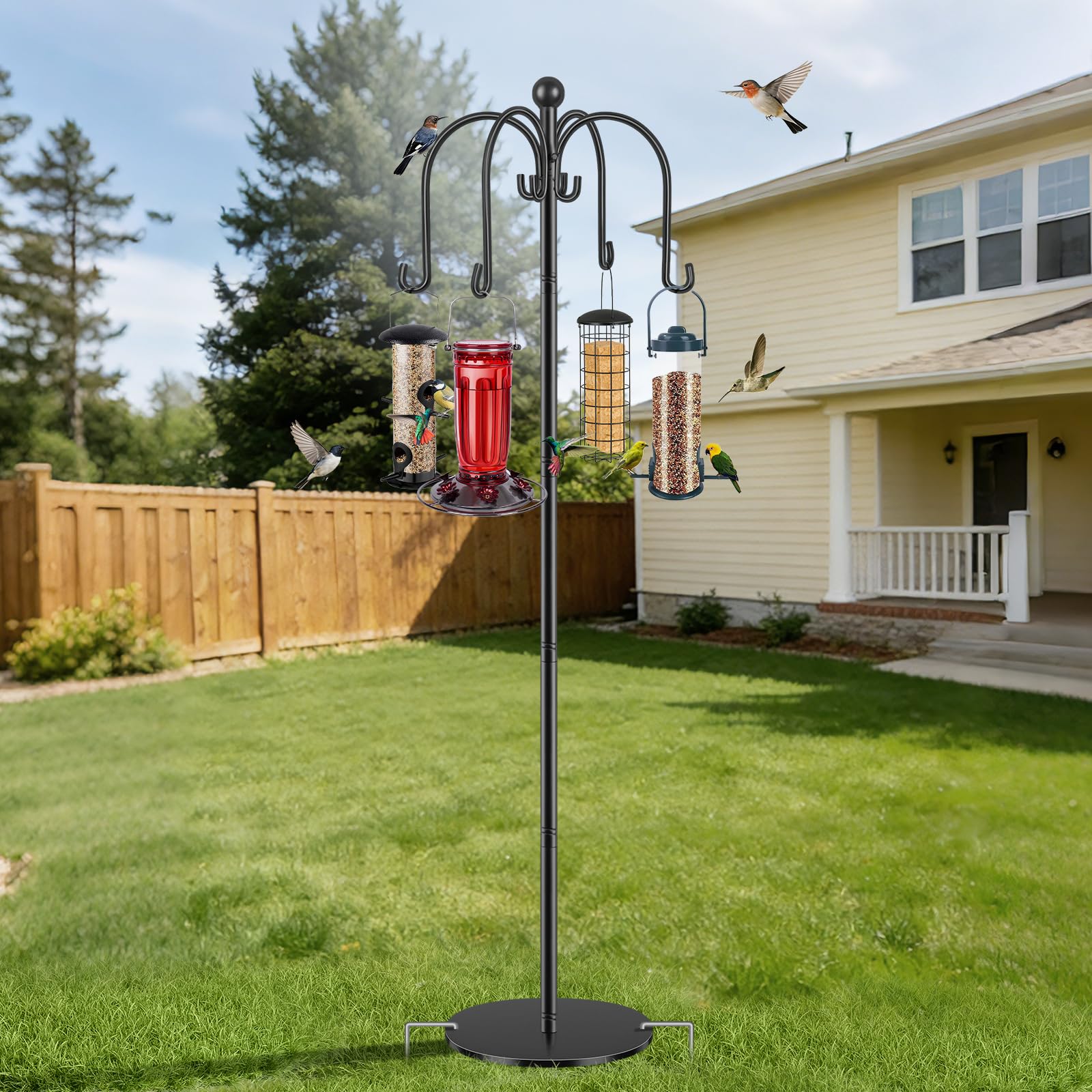 Vogelfutterspender Hängestation, 188 cm, Vogelfutterstation mit 4 Haken, robuste Futterstation für den Garten, freistehende Schäferhaken, Ganoven für Hängelampen, Körbe