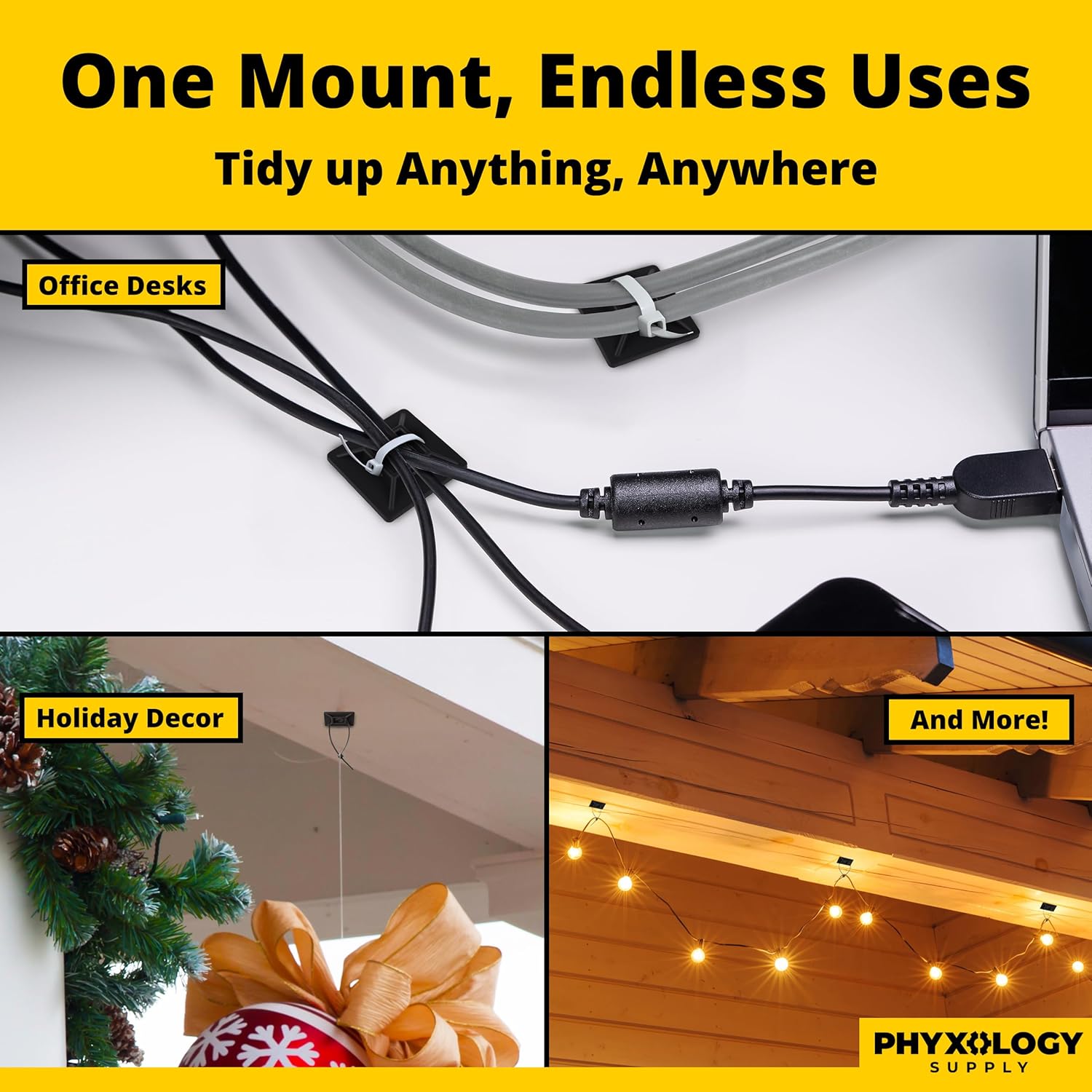 Zip Tie Adhesive-Backed Mounts 100Pk. Professional-Grade, UV Black Cable Tie Bases, 1.1 x 1.1. Screw-Hole Anchor Point Provides Optimal Strength for Long-Term Durability & Use and Clutter-Free Cables.
