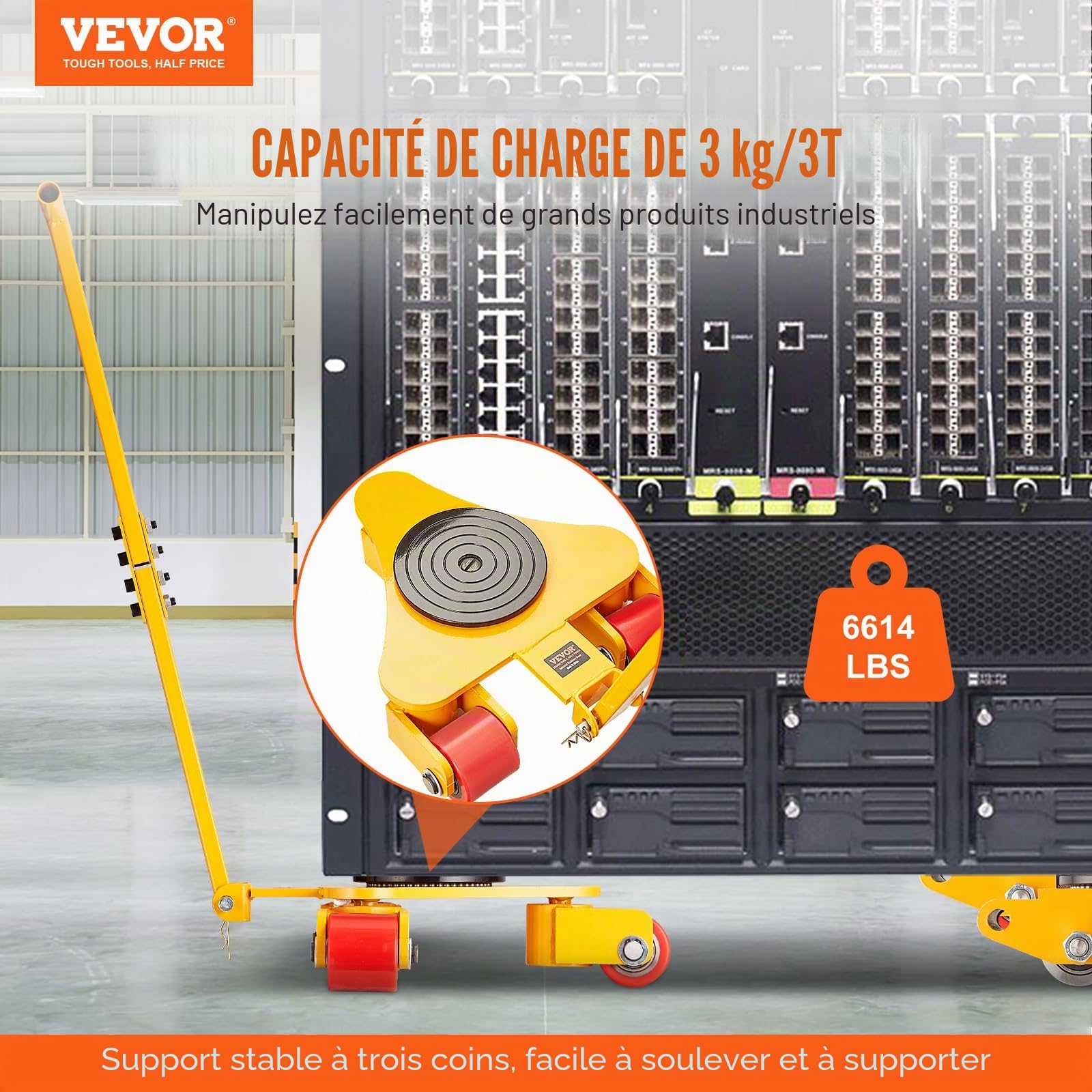 VEVOR Déménageur de Machines 3 T Chariot de Transport Charge Lourde Poignée Transporteur Équipements Industriels Acier au Carbone 3 Roues Pivotantes 360° PU Antidérapant pour Entrepôt Atelier Usine