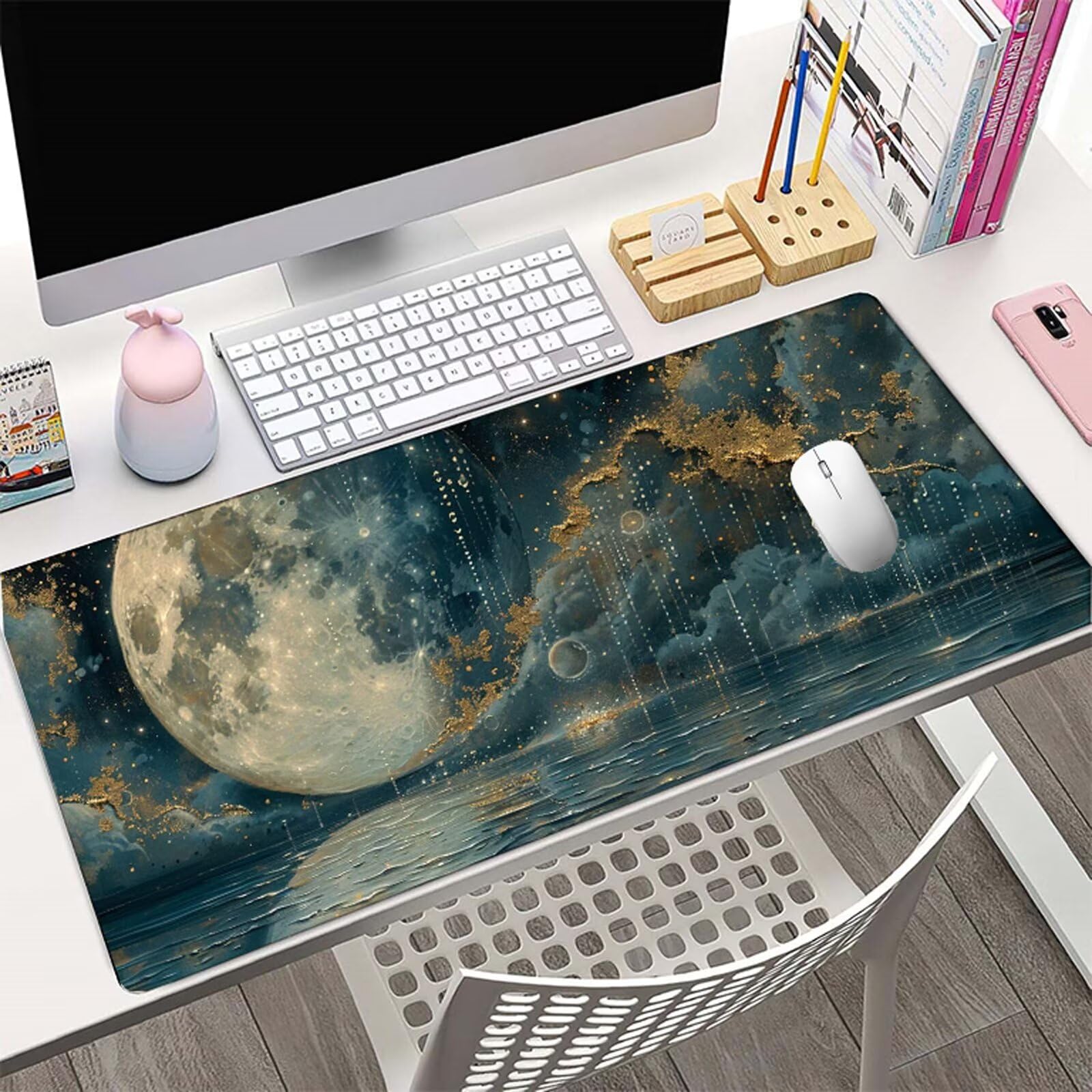 Azul Alfombrilla Ratón XXL 150x80 cm Mouse Pad Grande Gaming Luna Alfombrilla Escritorio Antideslizante, Protector de Mesa para Ordenador y Teclado, Bordes Cosidos, Accesorios Oficina, Regalo W6-317