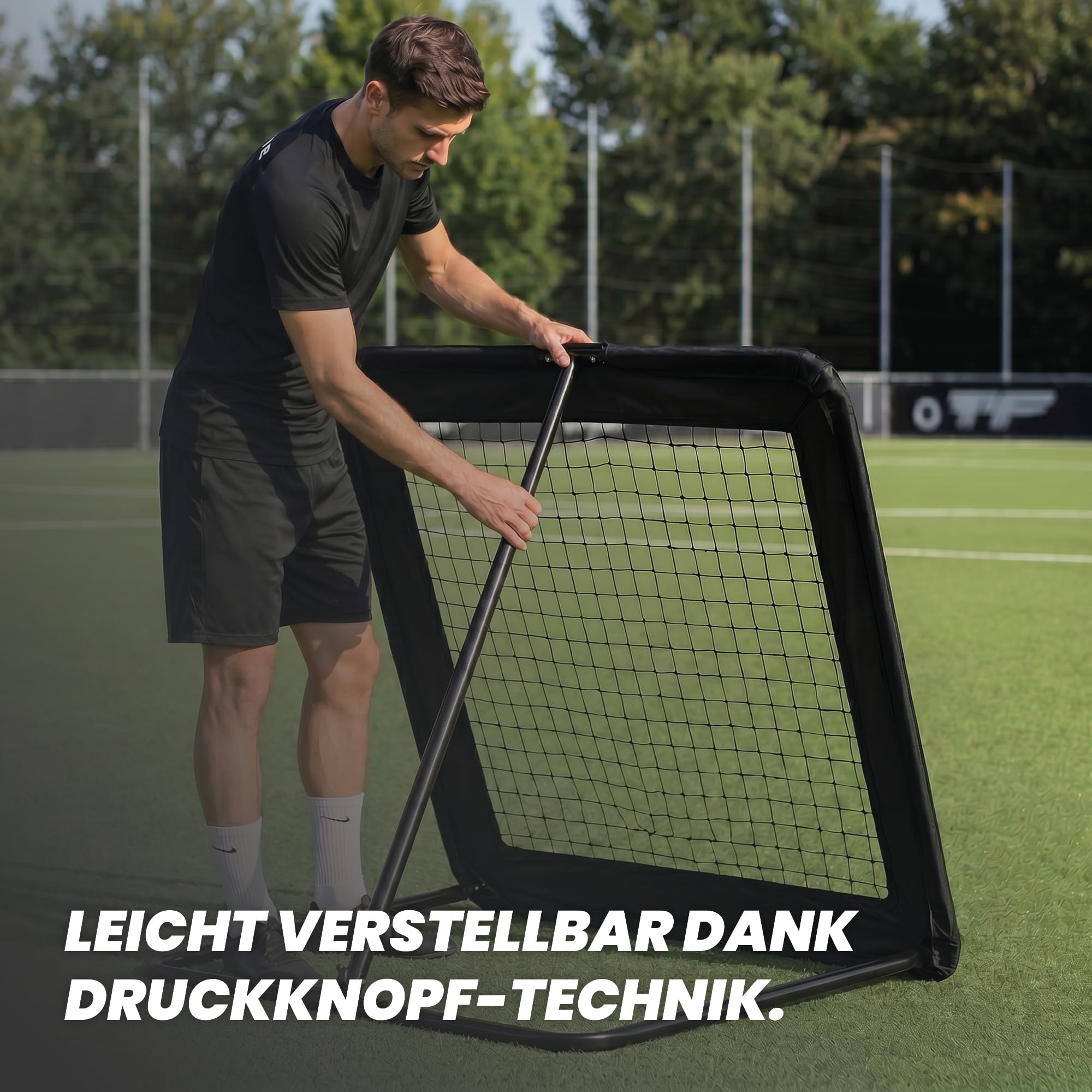 Kyto Fußball Rebounder 100x100 cm – Winkelverstellbar mit Ball & Pumpe | Rückprallwand für Fußball & Handball – stufenlose Neigung, Erdanker, Gummischoner, sofort einsatzbereit