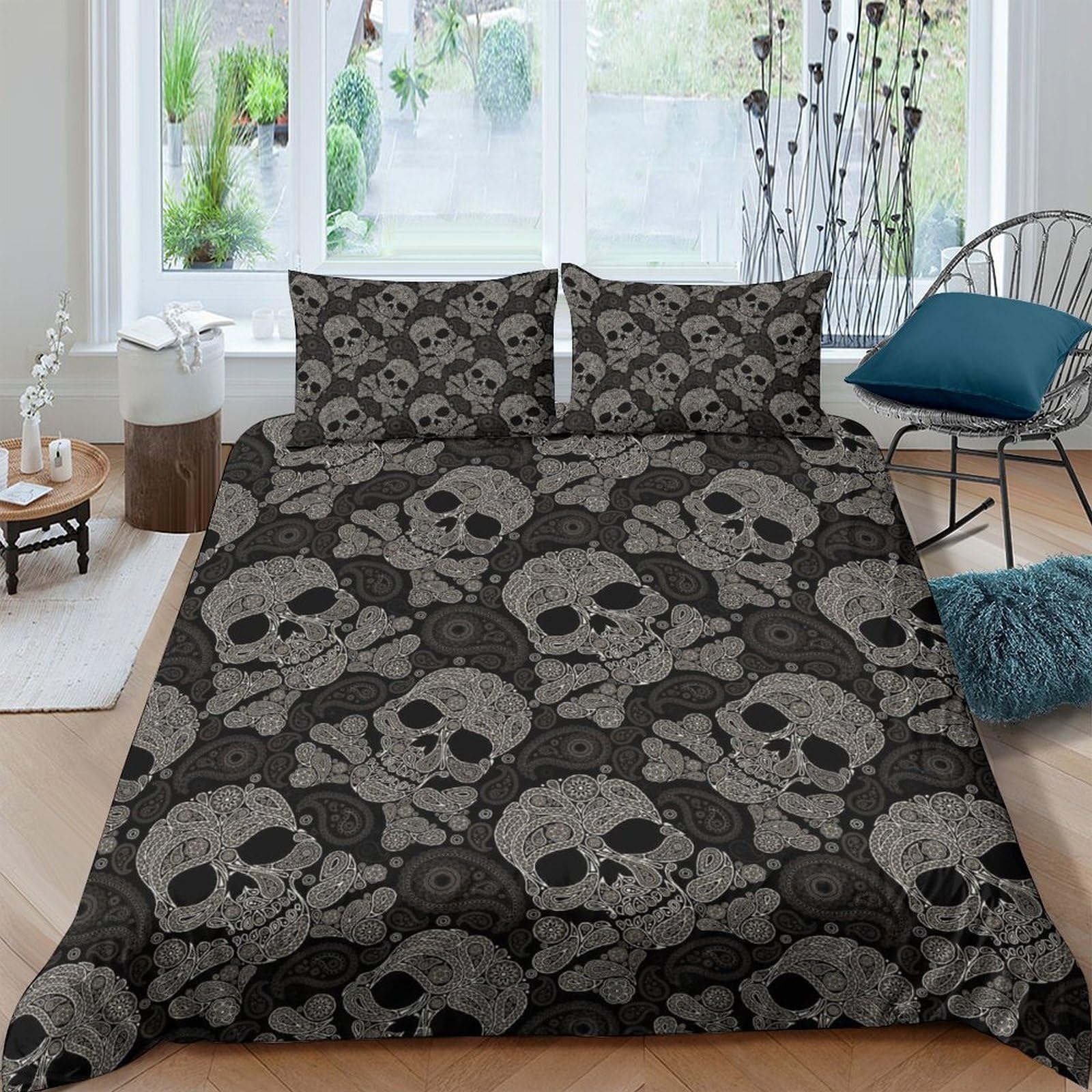 GPLZQXKJNH 3D Printed Skull Pattern Duvet Cover Microfiber Soft Breathable Gothic Skeleton Bedding Set with 2 Pillowcases for Bedroom Decor Single（135x200cm）