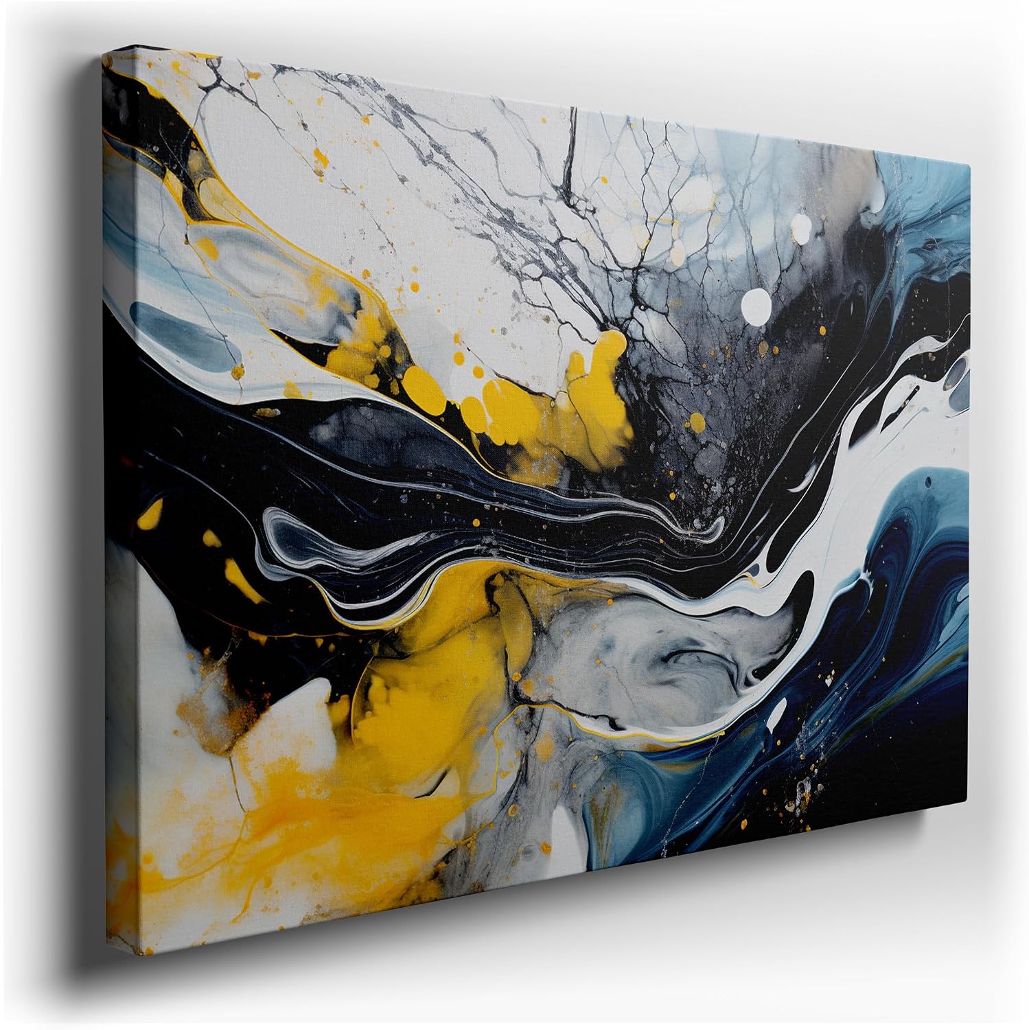 Canvas for Living room. Fluid Motion Captured on Canvas: A Dance of Black, White, Yellow, and Blue, 27 x 18 inch Canvas Wall Art - Abstract By Atmosphere - Modern Home Decor - 69x46 cm (27x18 inch)