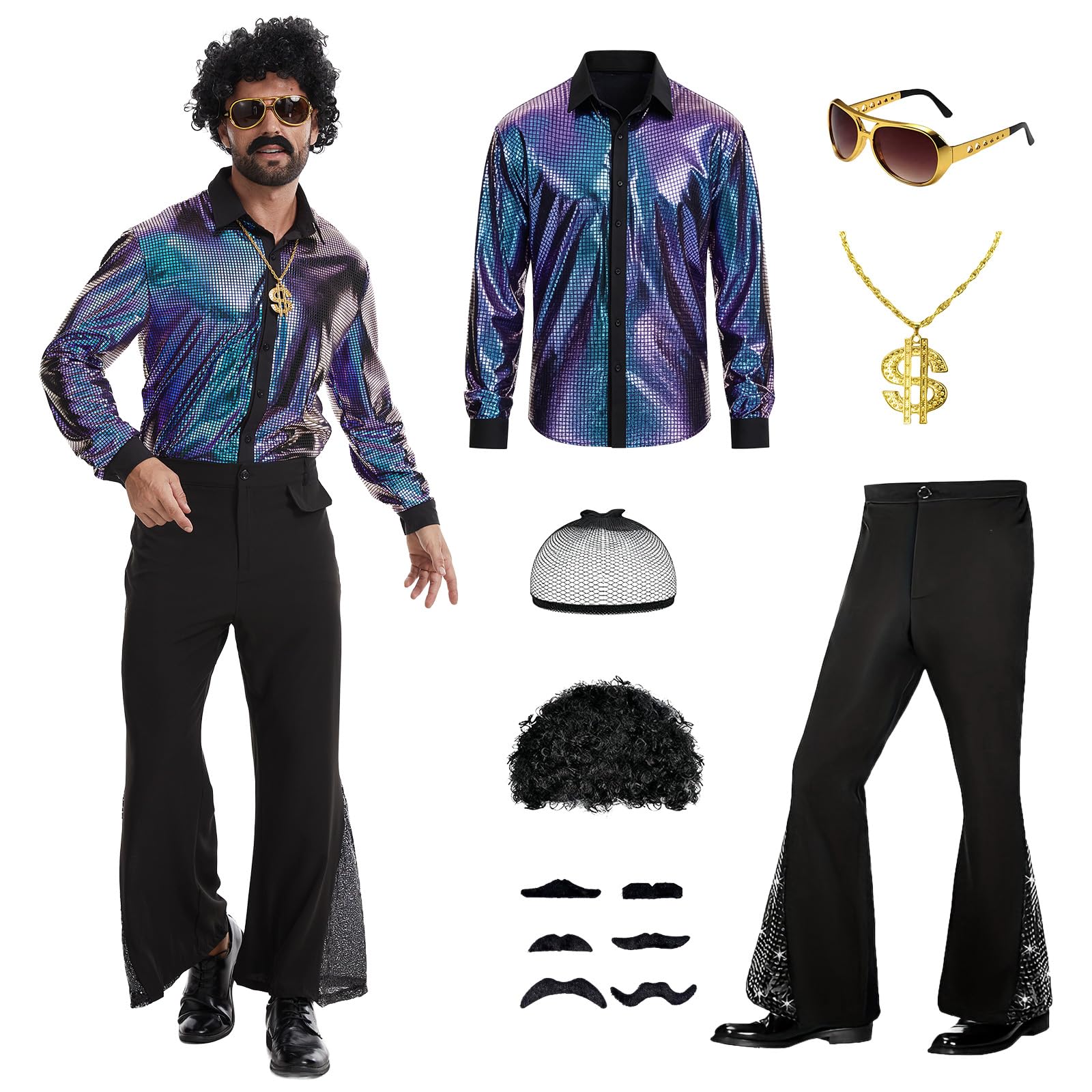 LLTTEER 70s Disco Costume for Men,7 Piece Hippie Outfit with Wig and Accessories,Retro 70s 80s Style Disco Fancy Dress for Halloween Theme Parties (Blue,L)