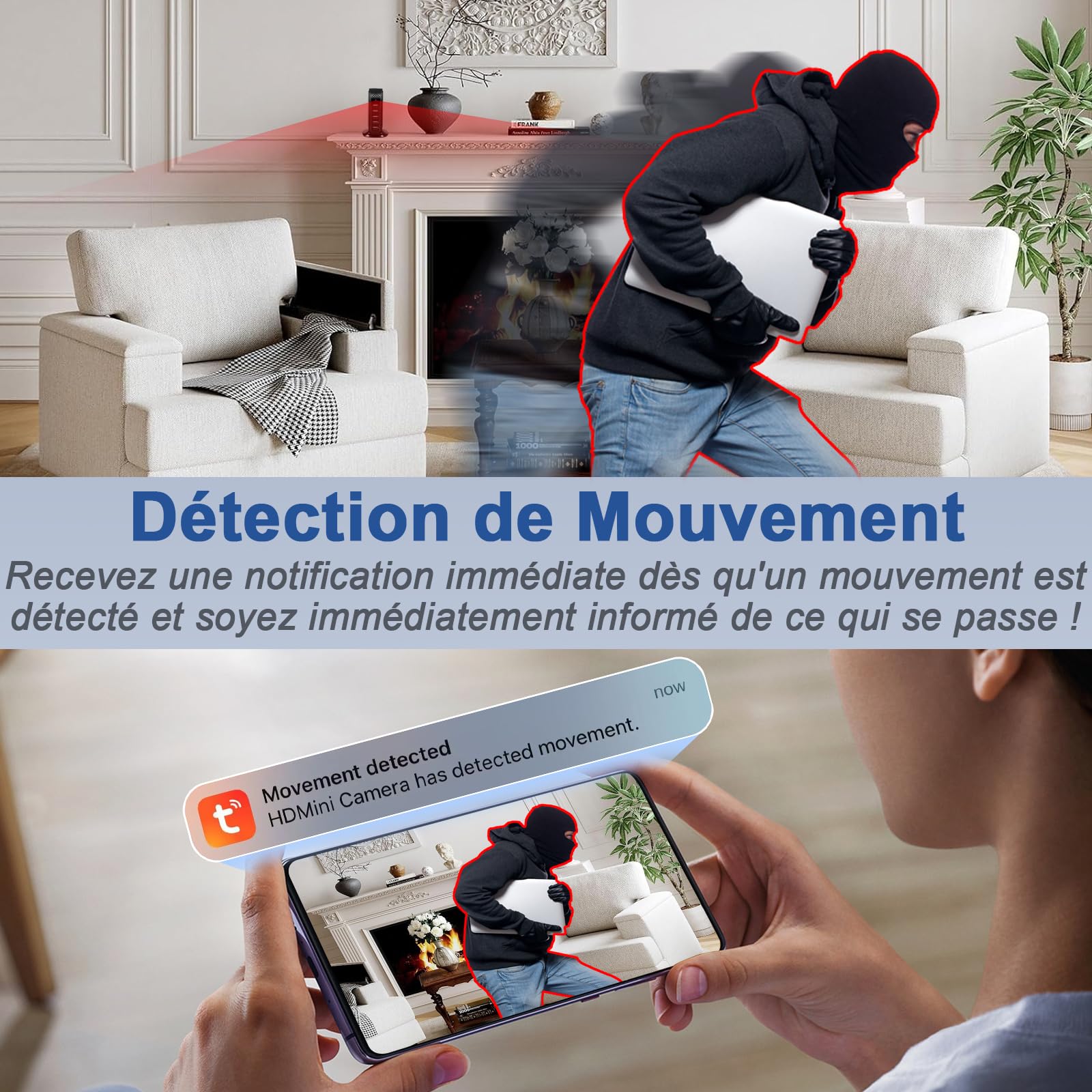 Caméra Cachée WiFi 2.4/5G,HD 1080P Caméra Espion, Mini Camera Espion sans Fil avec Détection de Mouvement/Enregistrement en Boucle ＆Consultation à Distance