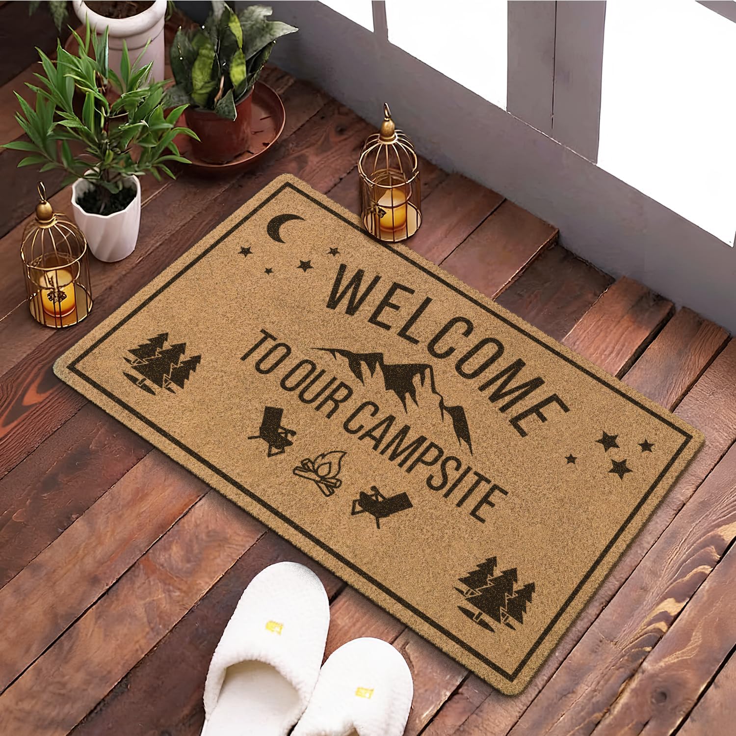 Camping Welcome Mat, Welcome to Our Campsite Faux Coir Doormat Outdoor Entrance, Mountain Forest Campfire Camper Mats Small Rugs for RV Trailer Campsite, 17x30 Inch