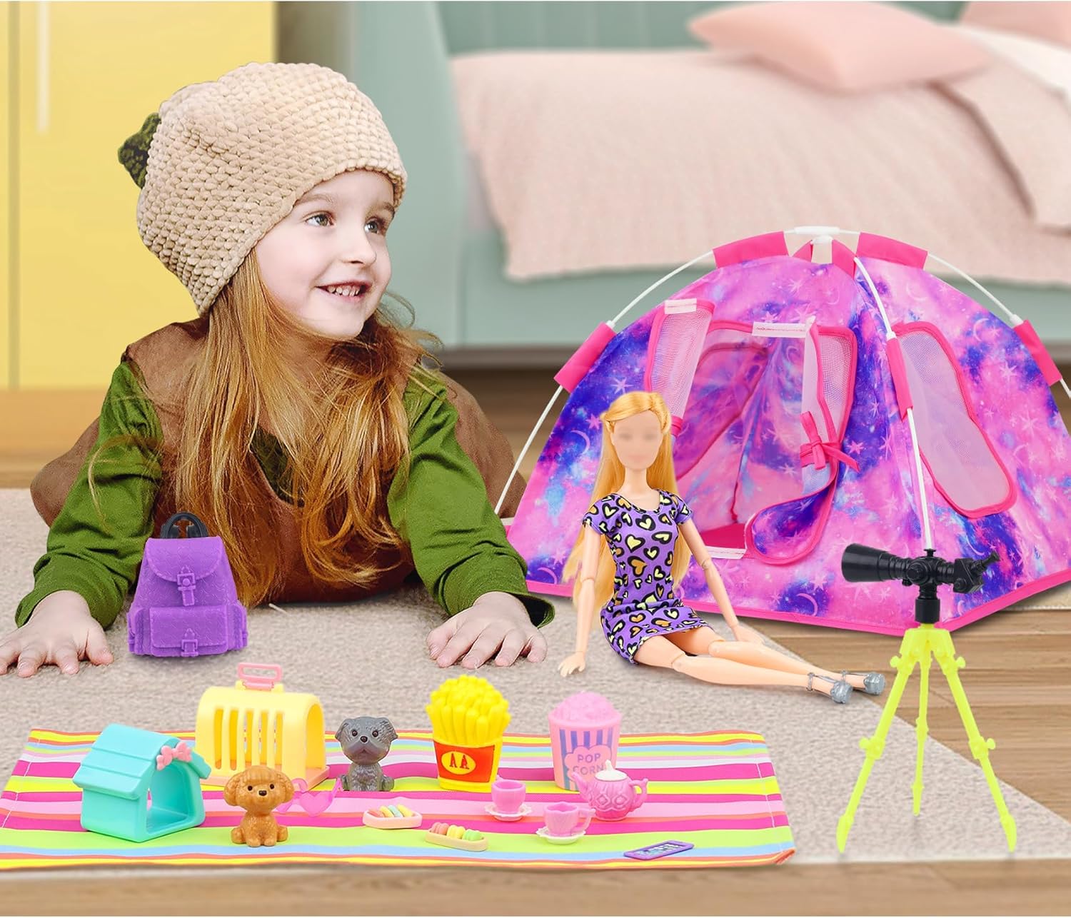 K.T. Fancy 18 PCS Girl Doll Travel Camping Tent Set and Accessories for 11.5 Inch Includes Tent, Clothes, Backpack, Toy Dog, Placemat, Toy Phone, Glasses (Doll NOT Included)