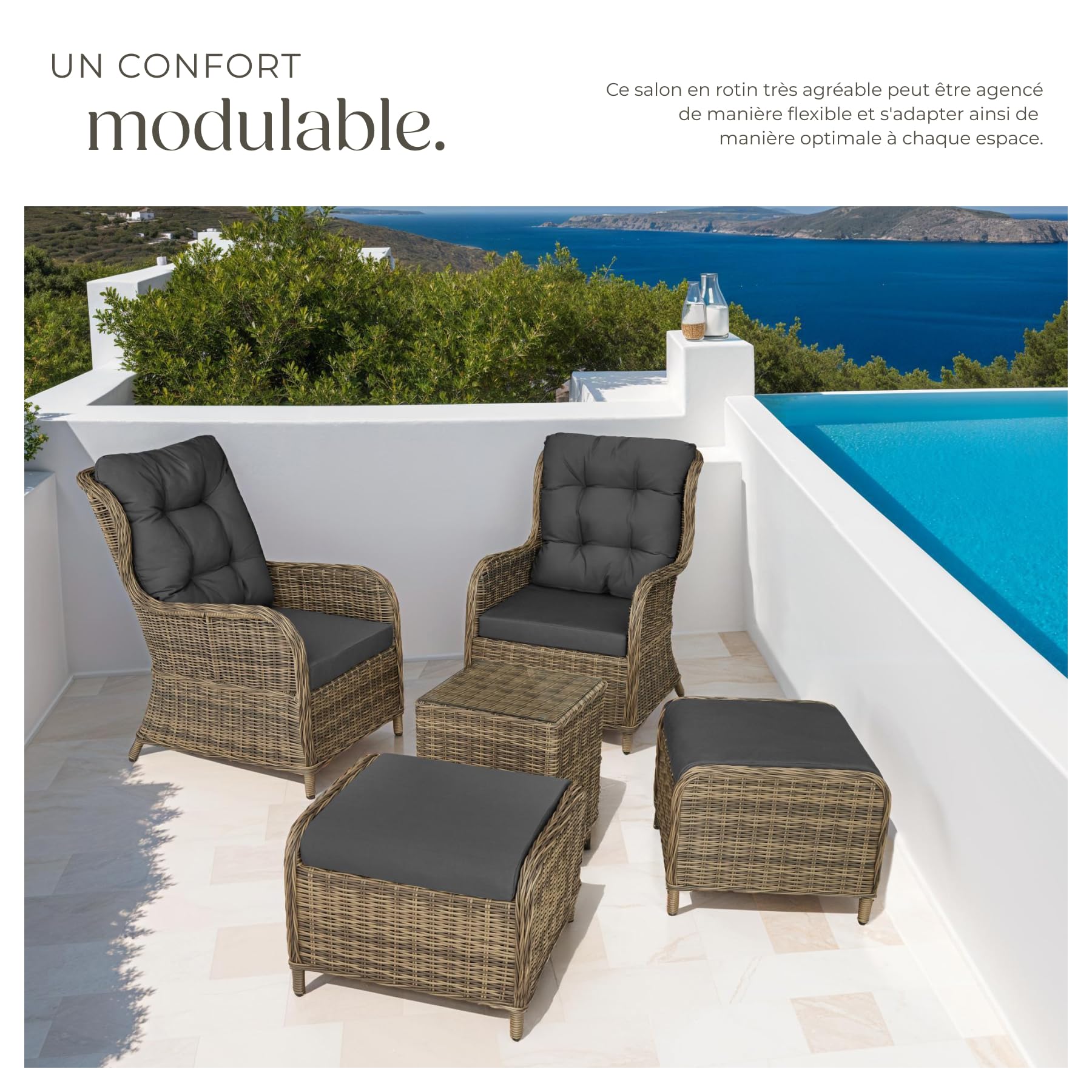 tectake® Salon de Jardin Extérieur en Poly Rotin et Aluminium 2 Personnes Ensemble Fauteuil salon, Tabouret pouf & Table de Jardin, Coussins inclus, Mobilier de jardin pour Amenagement Balcon Terrasse