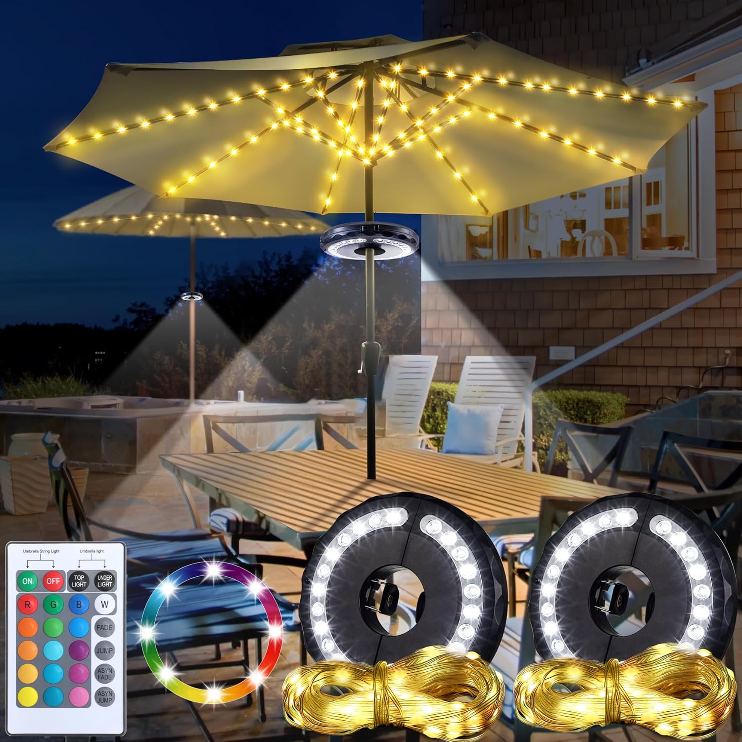 2 Pack 2 in 1 Outdoor Patio Umbrella Lights Combo Set with Remote