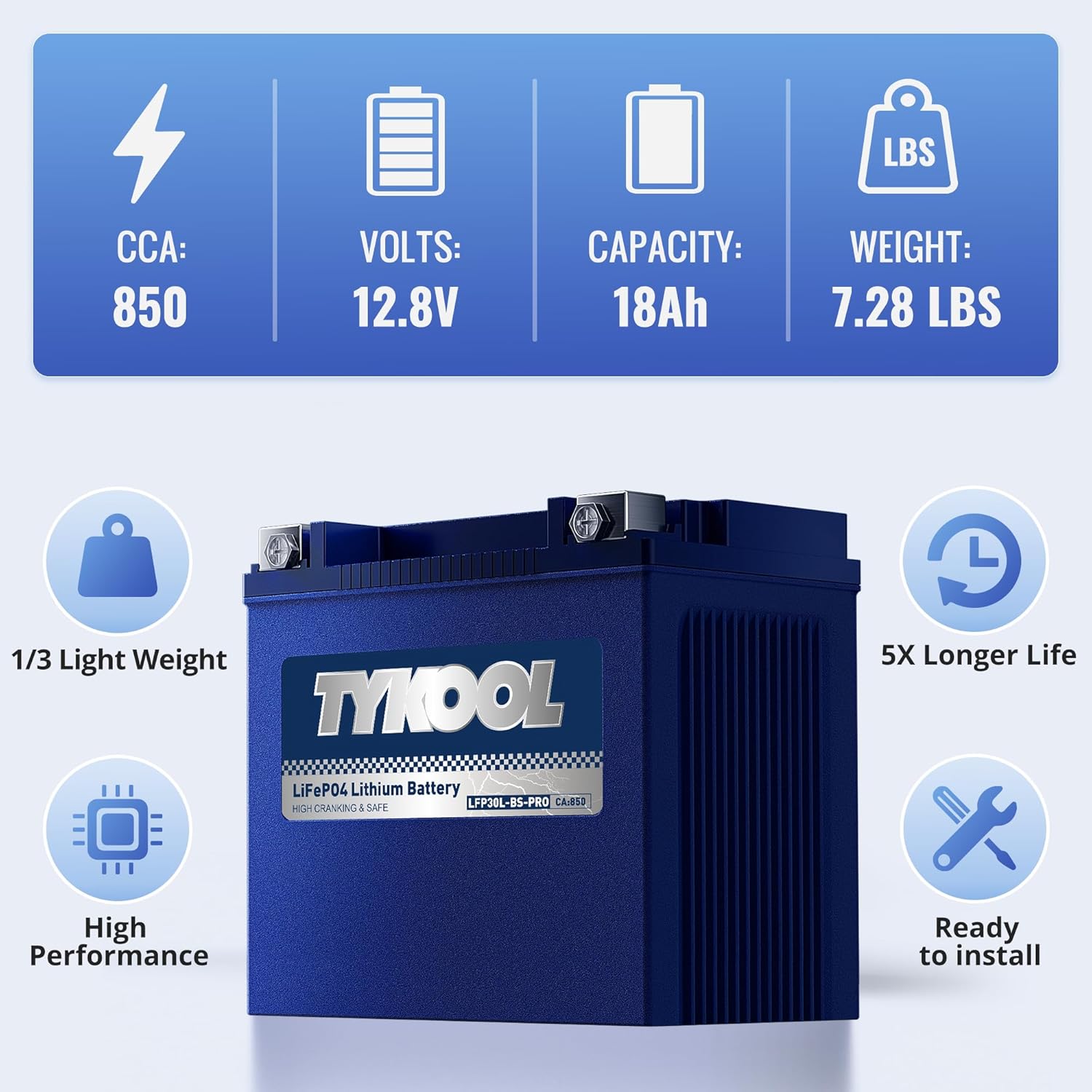 TYKOOL LFP30L-BS-PRO Lithium LiFePO4 Battery 18Ah 800CCA, LCD Readout IP66,Compatible with Harley Touring Road Glide Street Glide, Polaris RZR Ranger 1000, Can-Am Defender Maverick, Replaces YTX30L-BS
