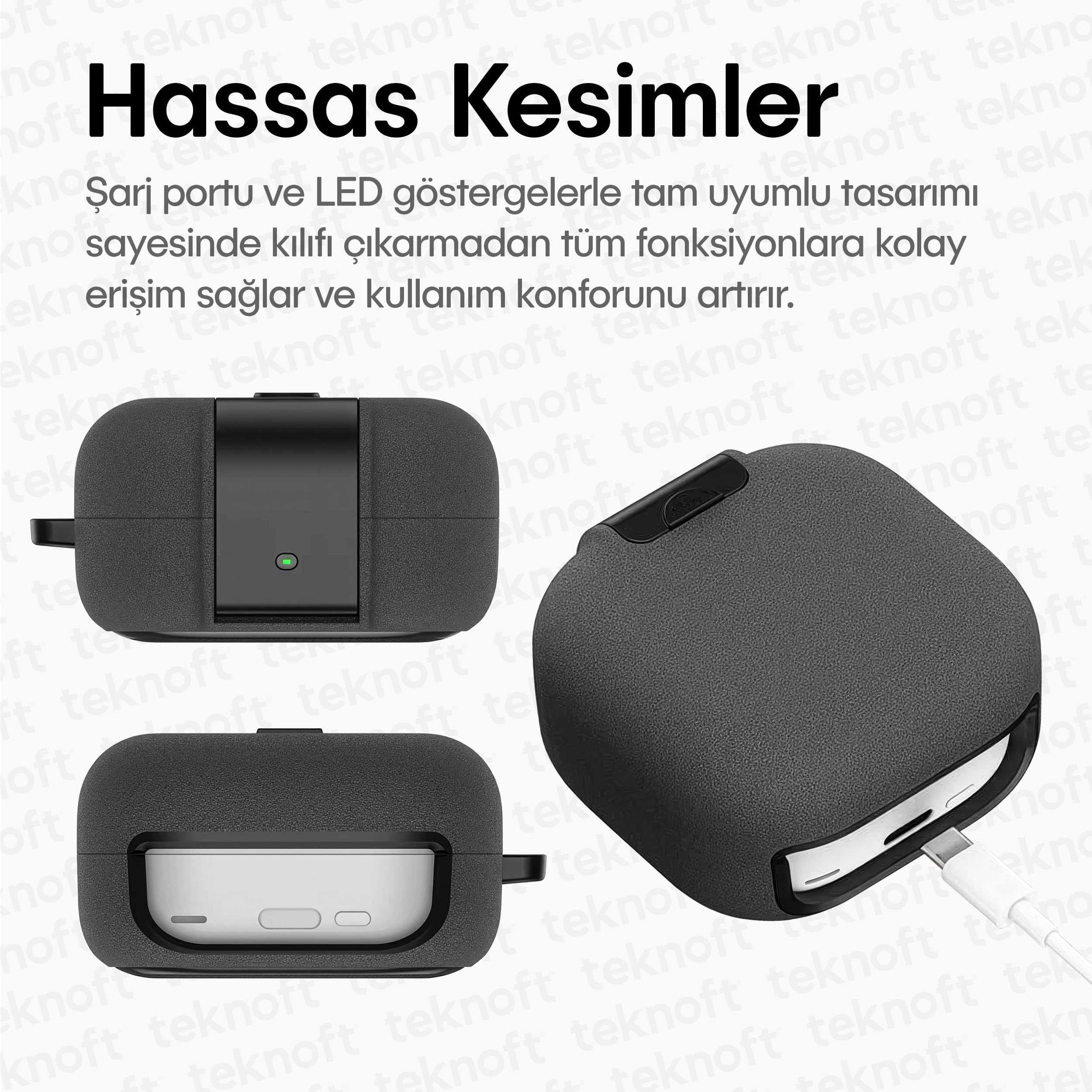 Teknoft Samsung Galaxy Buds 4 Pro ve Buds 4 ile Uyumlu Mandallı Kapak Kilit Sistemli Kumlanmış Mat Dokulu Darbelere Dayanıklı Hibrit Kılıf (Gri, Galaxy Buds 4 Pro/4)