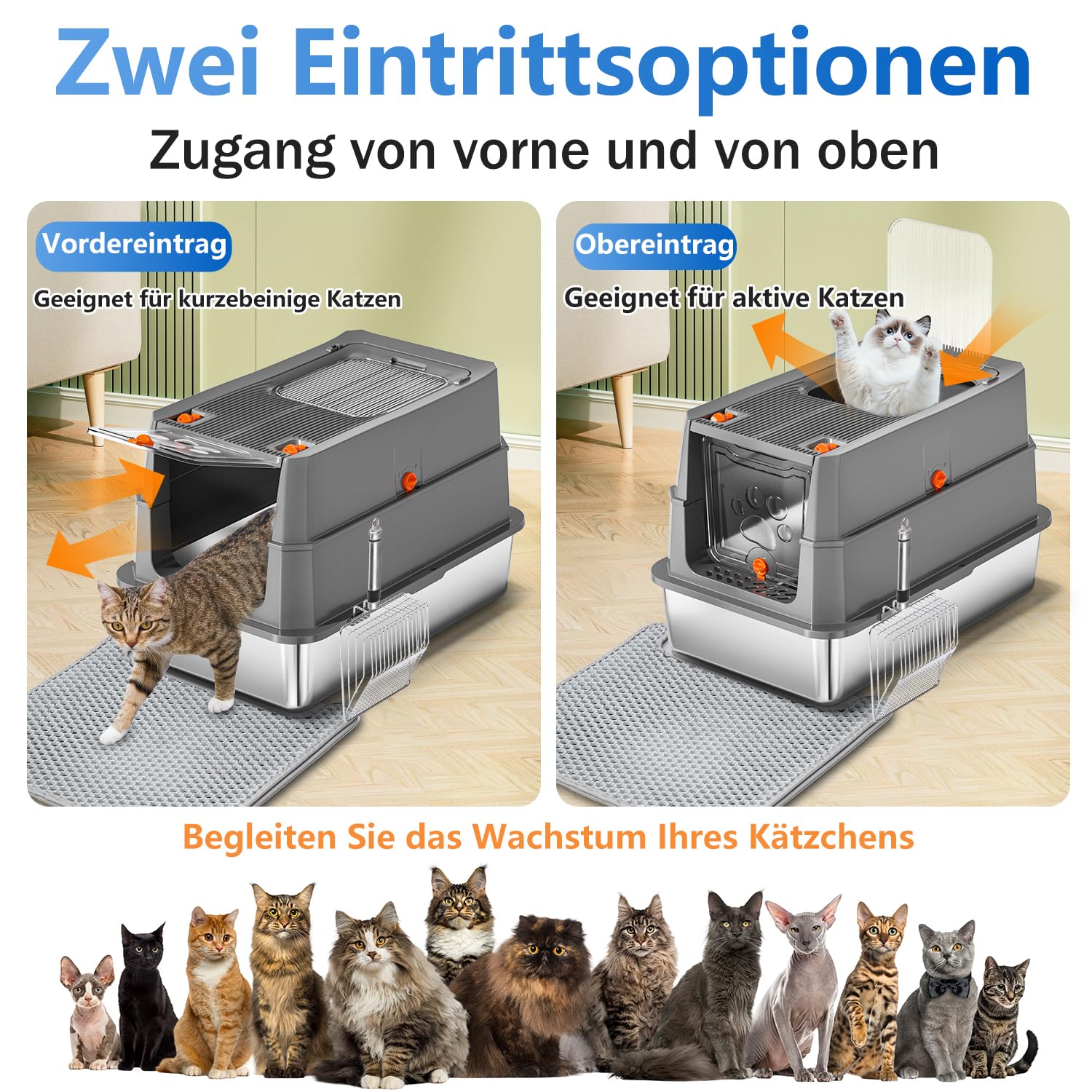 Edelstahl Katzenklo mit Deckel, 155° Klappdeckel XL Katzentoilette, Geschlossene Metall-Klobox inkl. Matte & Schaufel, Hohe Wände, Auslaufsicher, Front- & Deckel-Einstieg