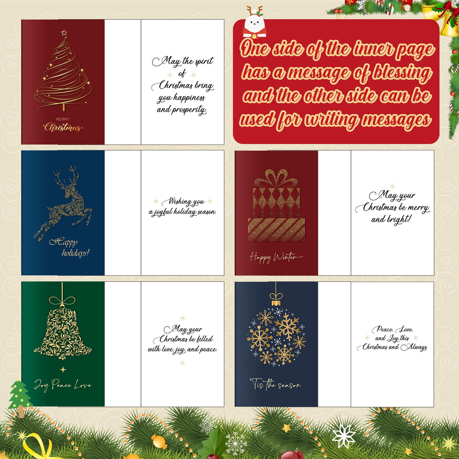 Epakh Lot de 100 cartes de vœux de Noël en feuille d'or avec enveloppes blanches et autocollants, motif arbre de Noël, 5 motifs assortis, cartes vierges pour festival d'hiver, fournitures de fête