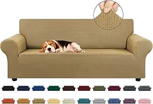 KEKUOU Stretch Sofa Cover Slipcover ,Couch Covers for 3 Cushion Couch Sofa pet Friendly (79"-94") Furniture Protector Sofa with Elastic Bottom for Kids,Dog, Jacquard Small Checked(Large,Tan)
