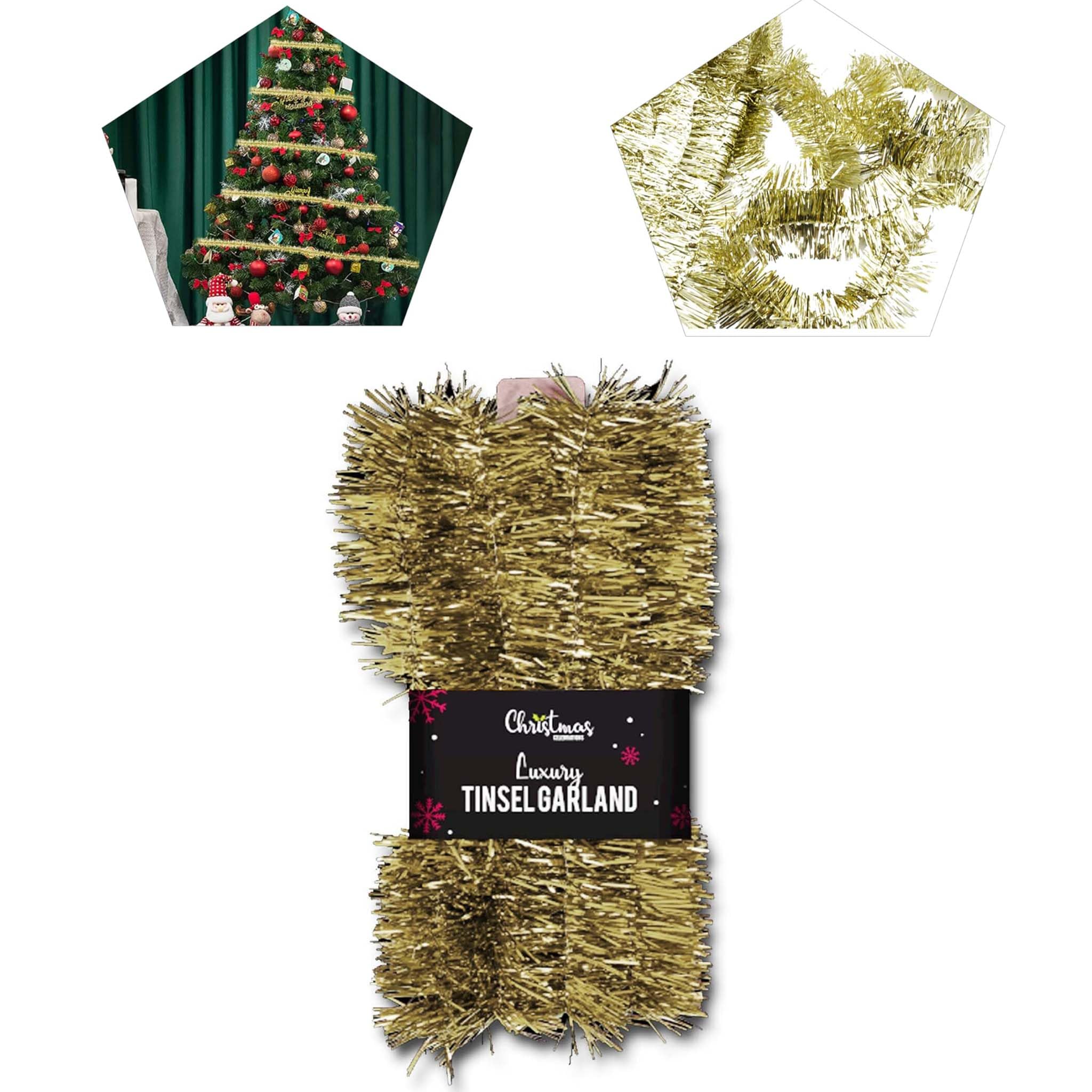 HOVUK Christmas Tree Ornament Metallic Gold Tinsel Garland- 50 Feet| Xmas Thin Decor for Happy New Year| Shiny Metallic Tinsel for Party Backdrops Wall