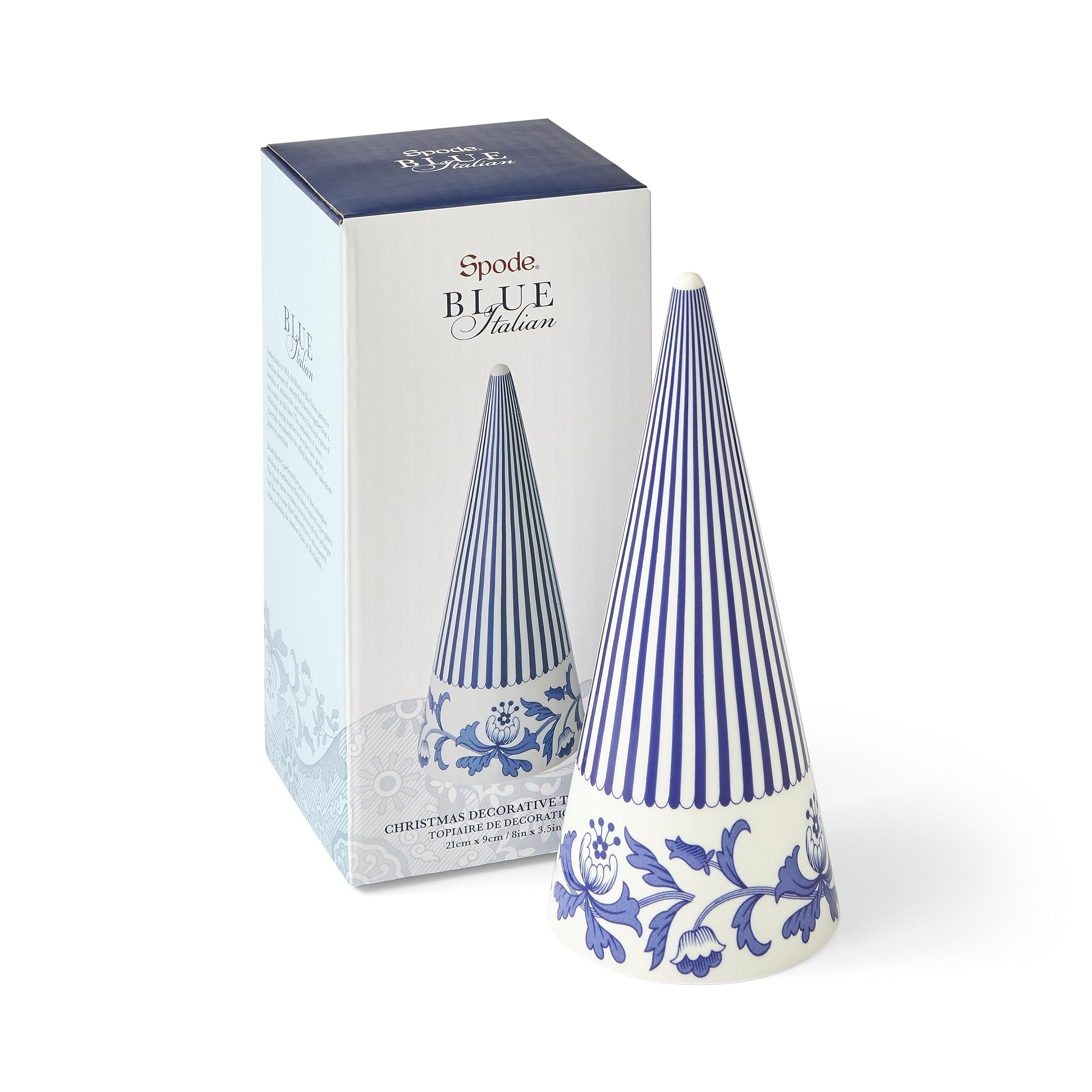 Spode Blue Italian Small Decorative Cone Ornament - Christmas Topiary 9' Porcelain, Elegant Home Decor Accent for Tables, Mantels, Shelves, or Holiday Displays