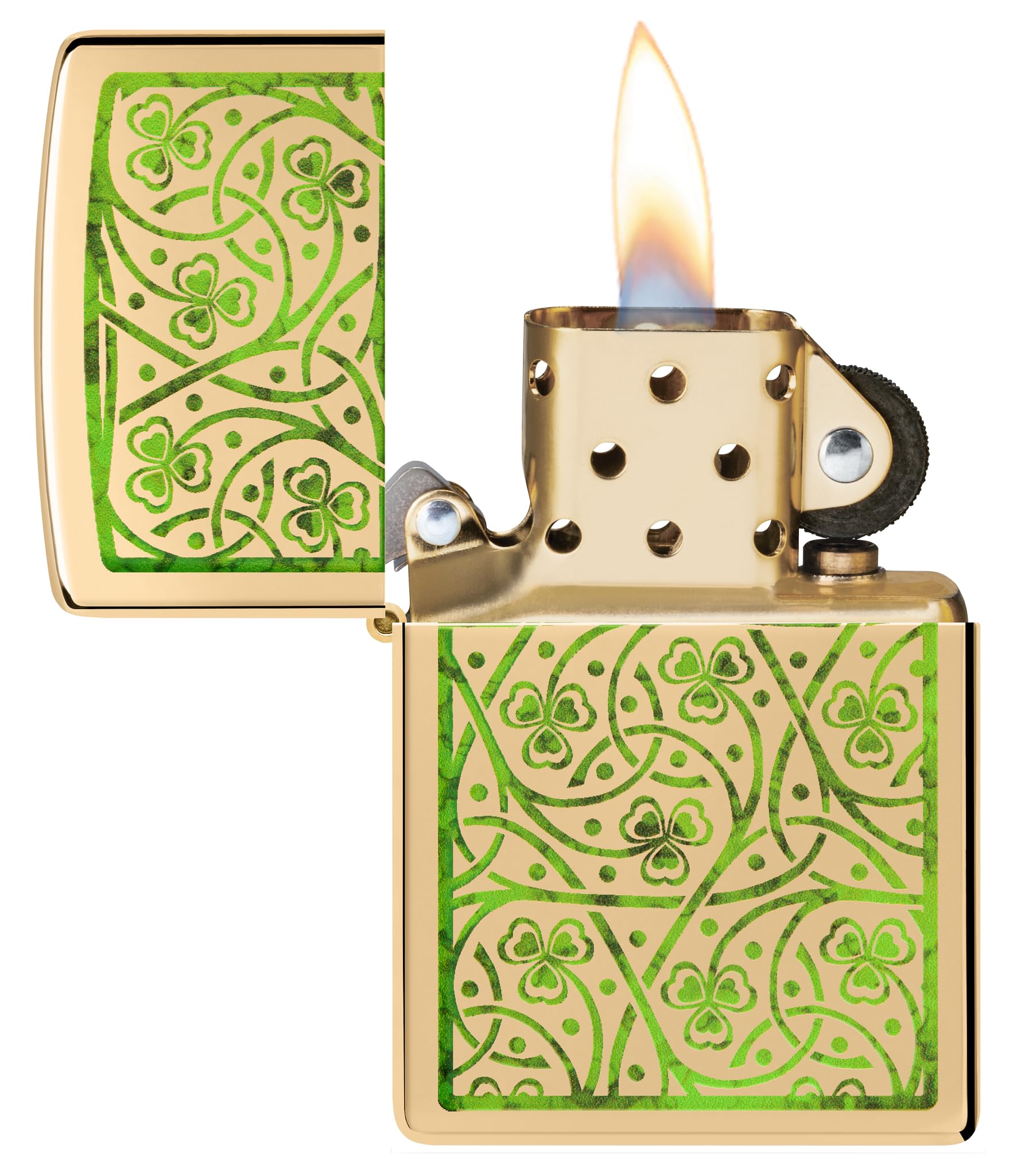 Zippo Clover Leaves Zapalniczka Sztormowa, do Napełniania, Wielokrotnego Użytku, Wiatroodporna Konstrukcja, Pudełko na Prezent, Wykonano w USA, Mosiądz z optymalnym Połyskiem (High Polish Brass)