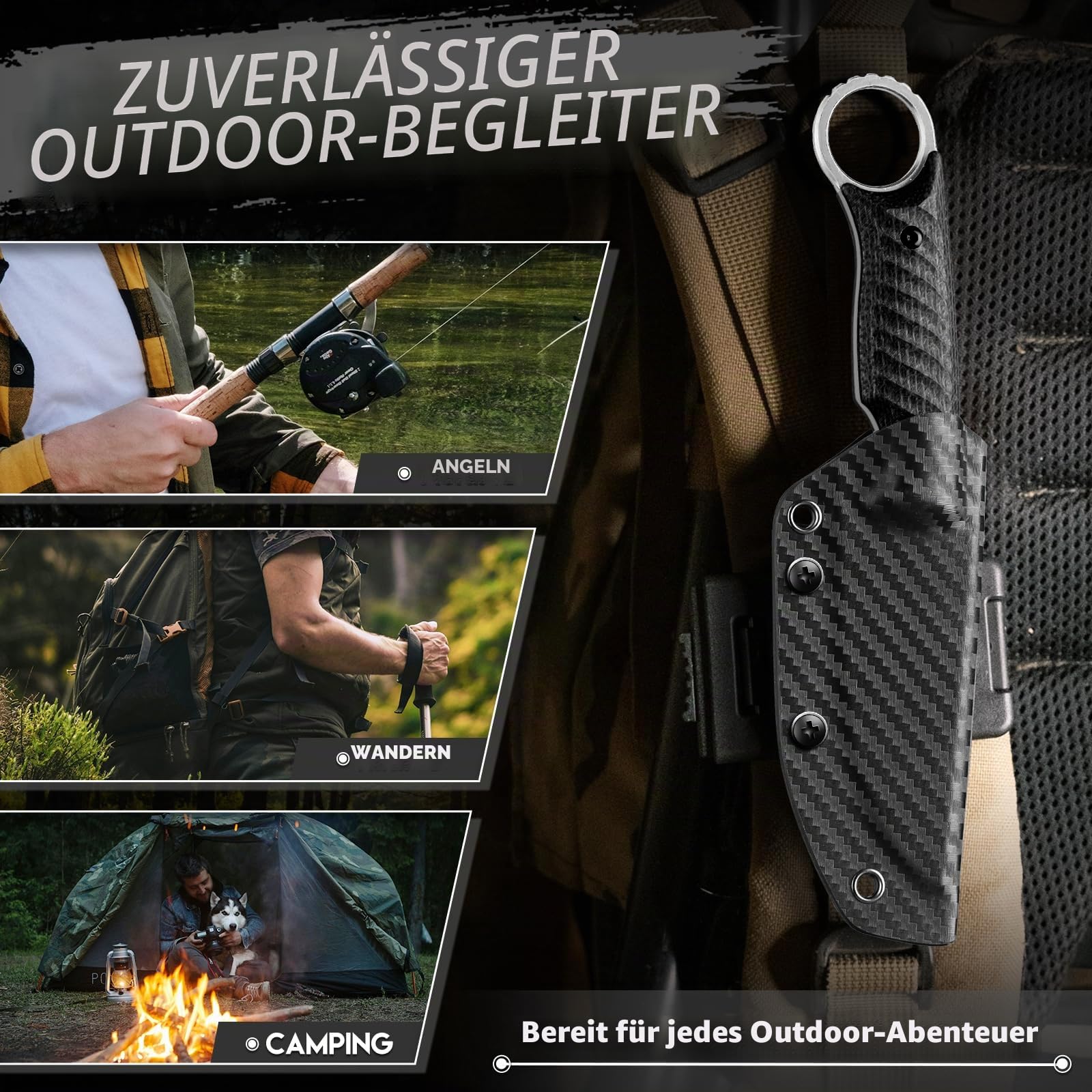 Purple Dragon Outdoor Survival Messer,D2 Stahl Klinge,Schwarz G10 Ringgriff