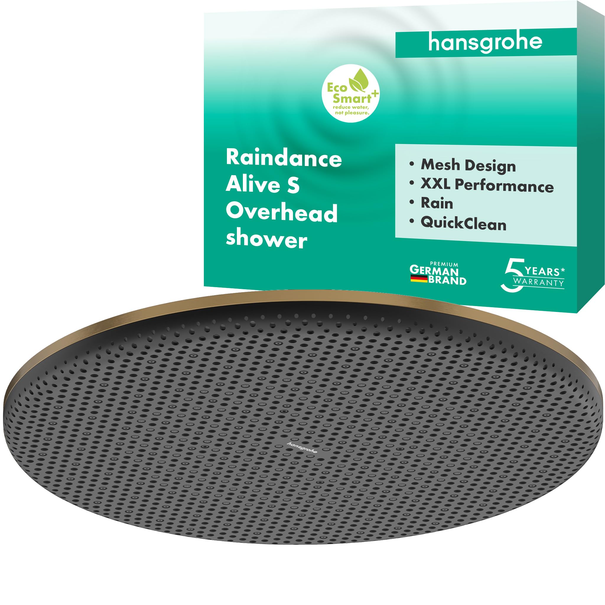 hansgrohe Raindance Alive S - rociador de ducha max. 6 l/min (EcoSmart+), ducha fija redondo (300 mm), cabezal de ducha lluvia para conexión pared y techo, bronce cepillado, 24523140