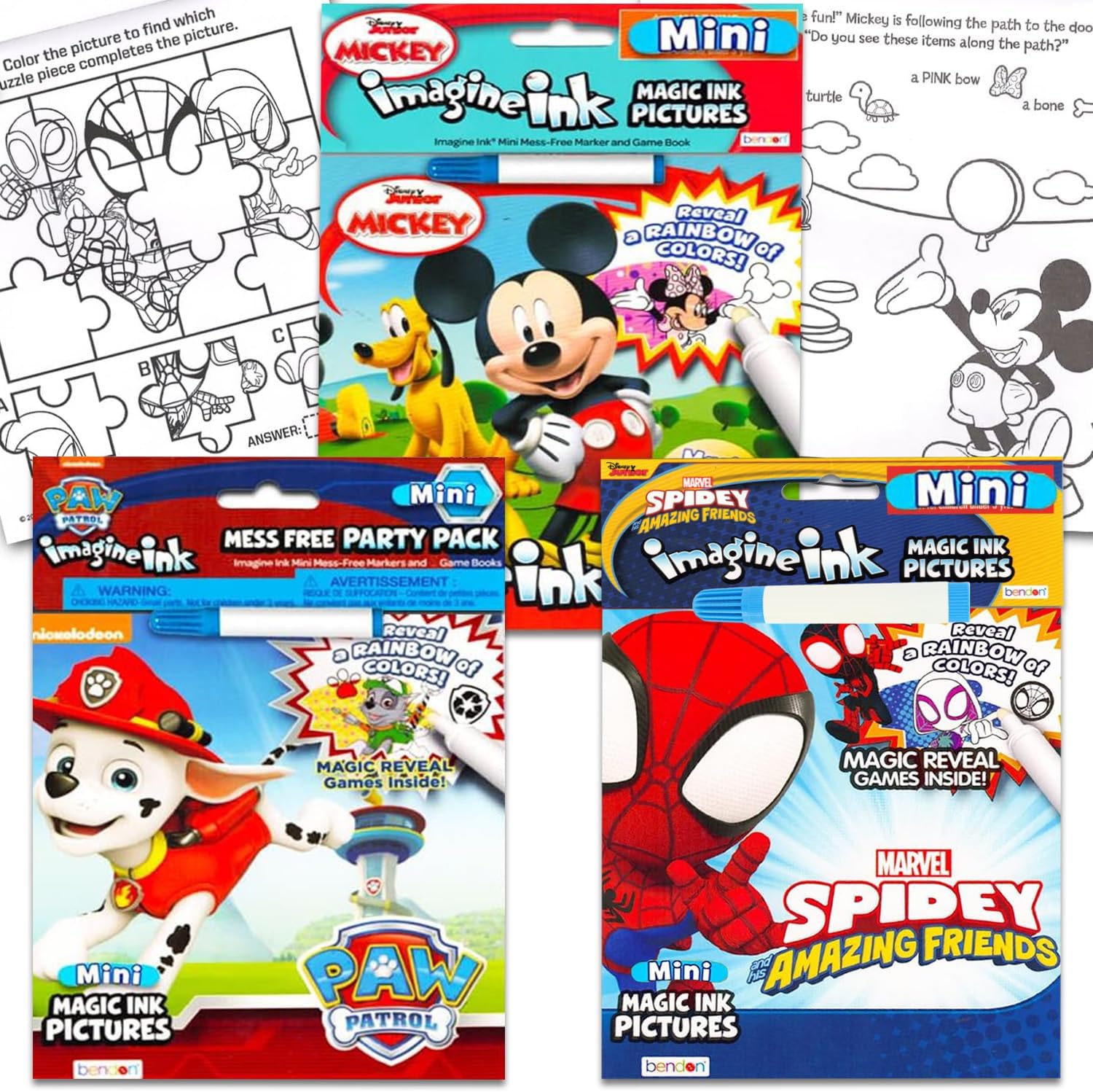 Kids Imagine Ink Coloring Book Super Set - Bundle 3 Imagine Ink Mess-Free Activity Books Featuring Paw Patrol, Mickey Mouse, and Spiderman | Art Books for Boys, Toddlers