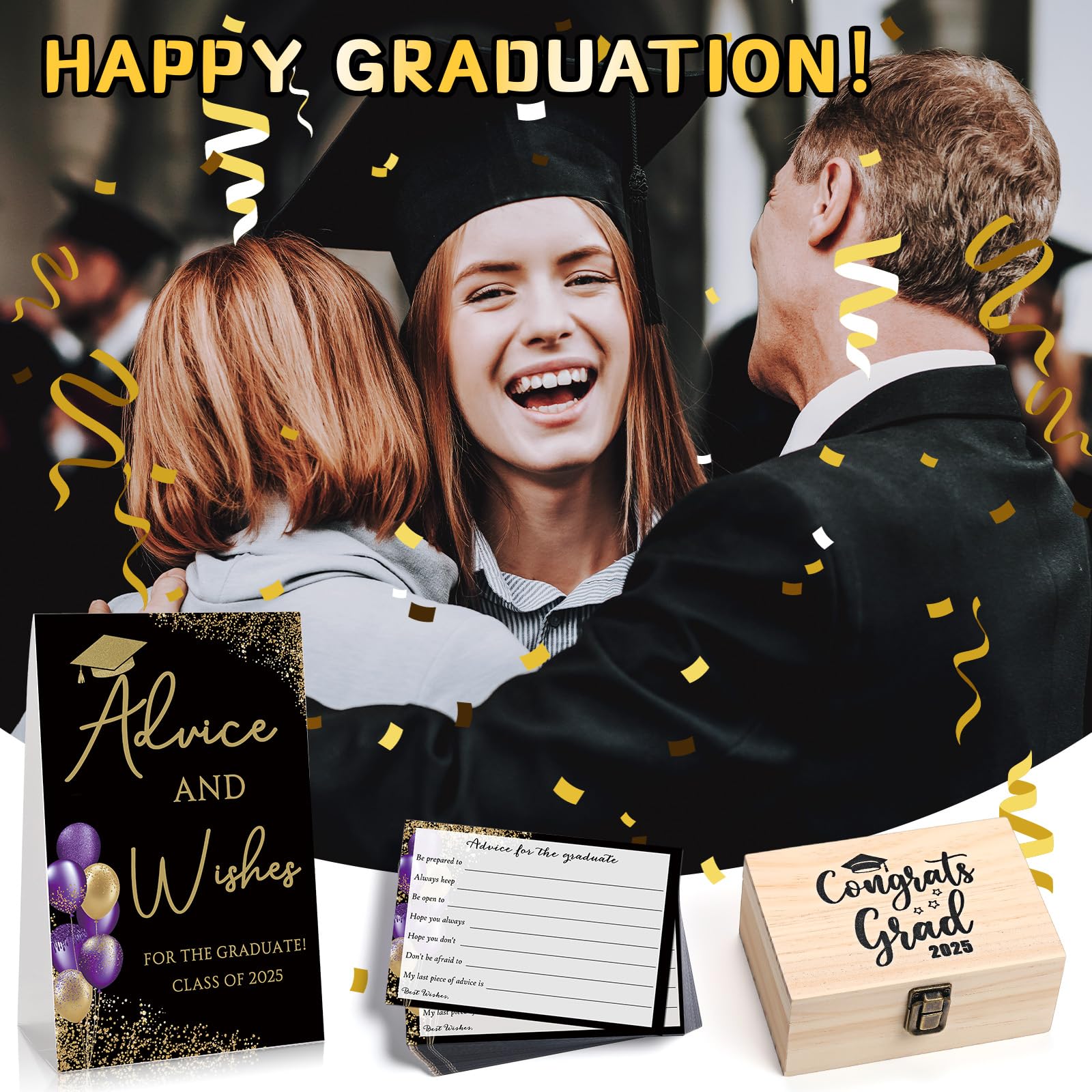 Quzzil 114-Piece Graduation Party Favors Set – Advice Cards, Pens, Wood Box & Sign For High School Or College Grad