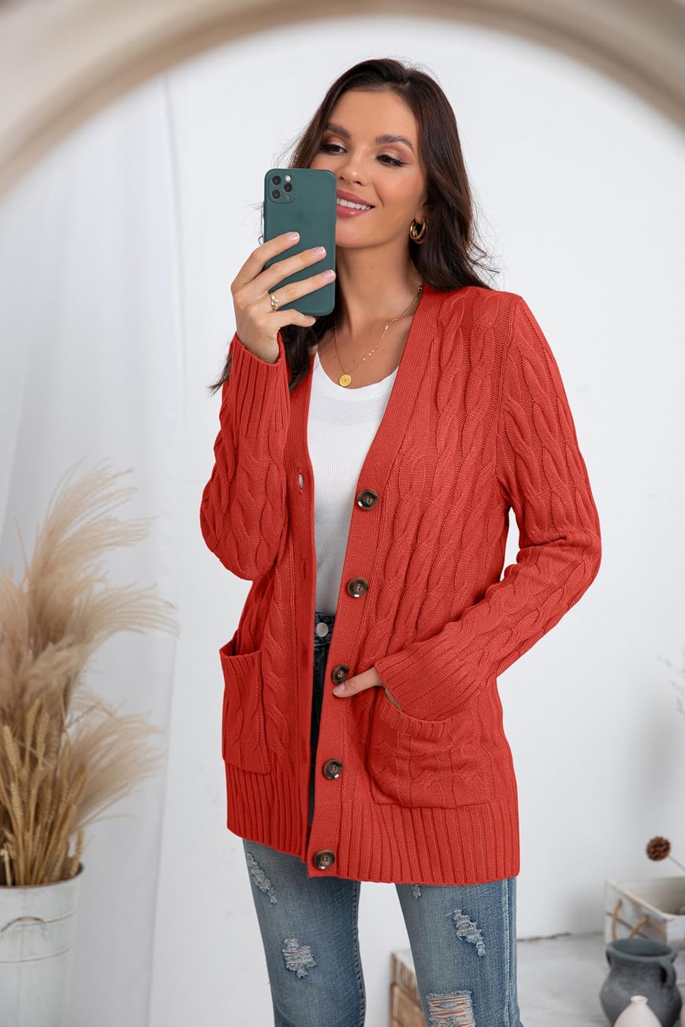 GRECERELLE Women's Long Sleeve Loose Knit Cable Open Front Button Down Cardigan Sweater Outerwear Coat with Pockets - Image 3