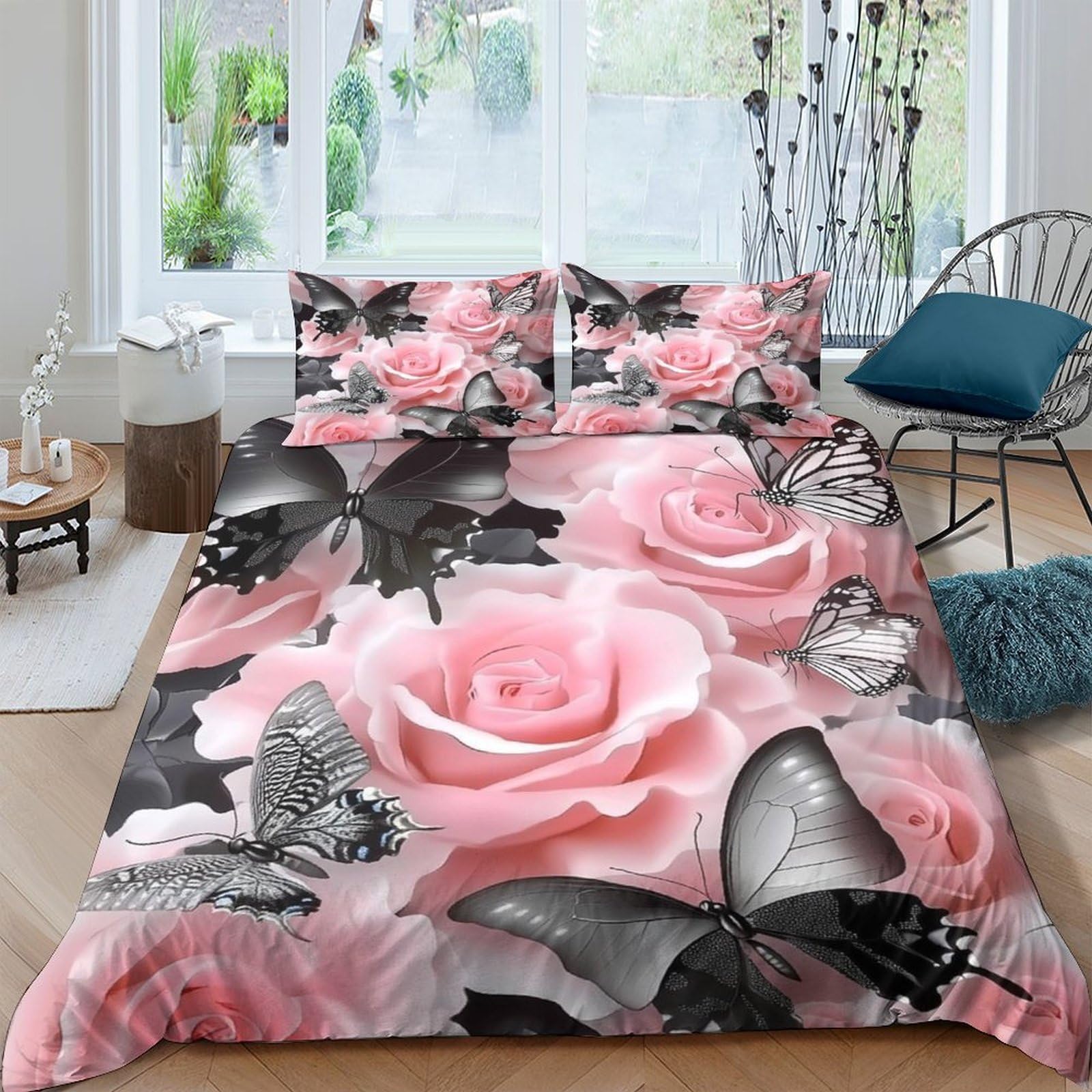 GPLZQXKJNH 3D Printed Pink Rose Duvet Cover Microfiber Soft Breathable Butterfly Quilt Cover Set with 2 Pillowcases for Bedroom Decor Single（135x200cm）