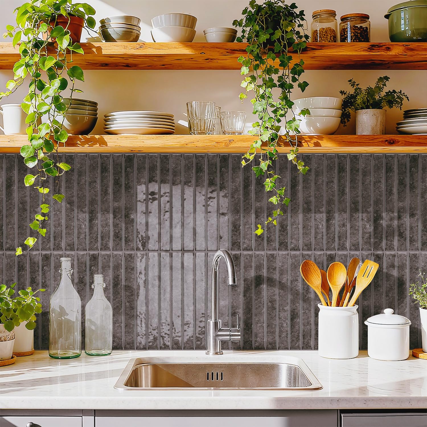 20 Sheets Marble Effect Tile Stickers, Peel and Stick on Tiles for Kitchen Bathroom Wall Backsplash Vinyl Waterproof Self Adhesive Tile Decals Covers (Dark Grey)