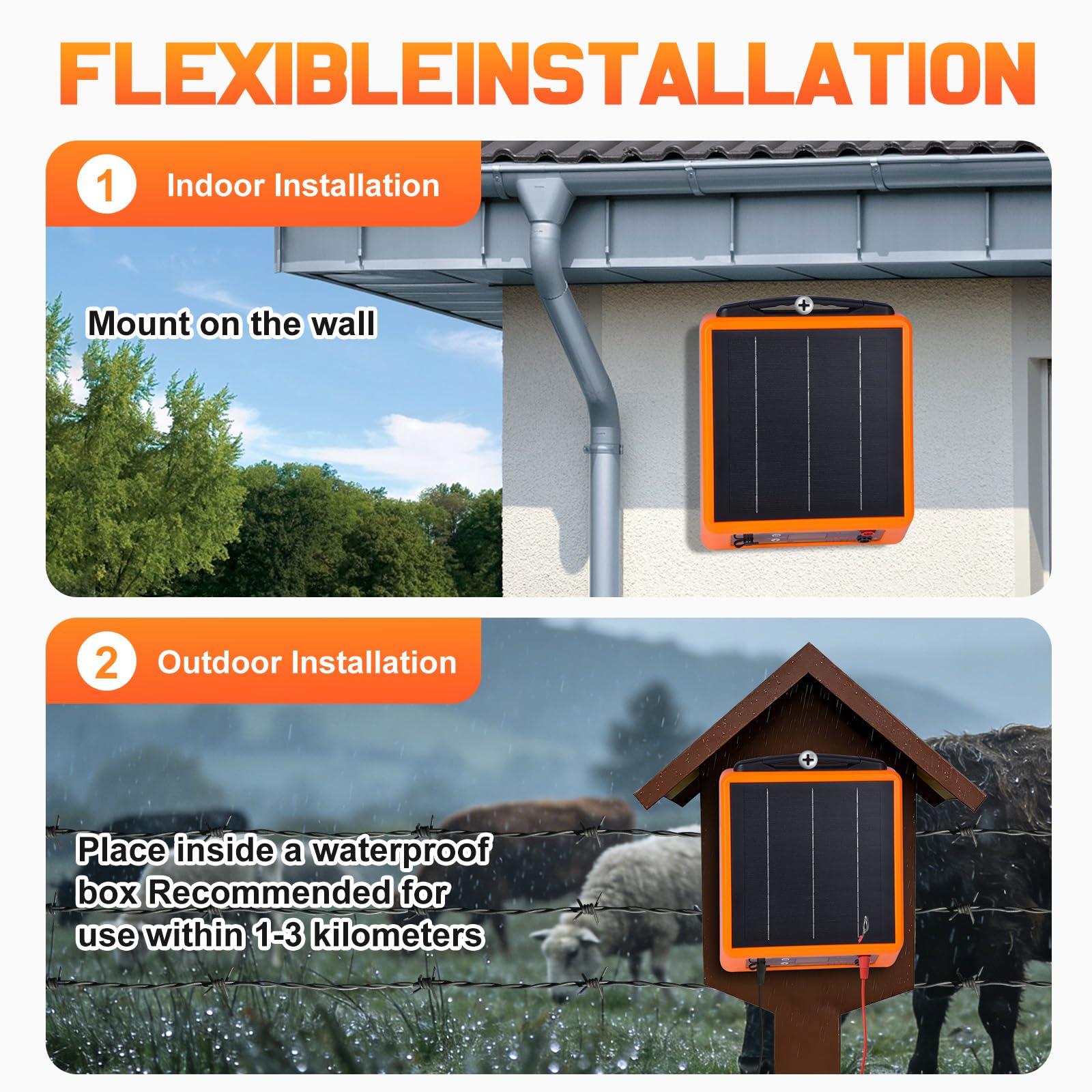 32KM Clôture électrique solaire, 6-12 kV Berger électrique Contrôleur pour chevaux, 2 J Clôture électrique pour élevage d'animaux de berger, pour ferme, pâturage, jardin (Orang)