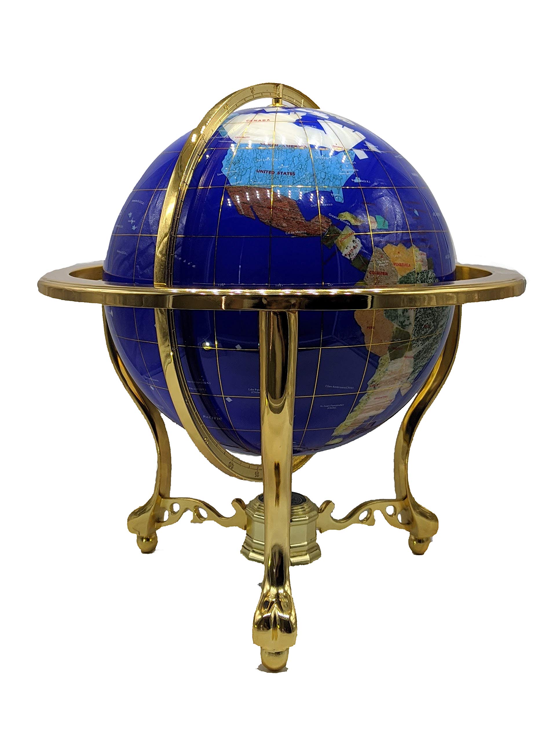 Unique Art 21-Inch Tall Blue Lapis Ocean Table Top Gemstone World Globe with Gold Tripod