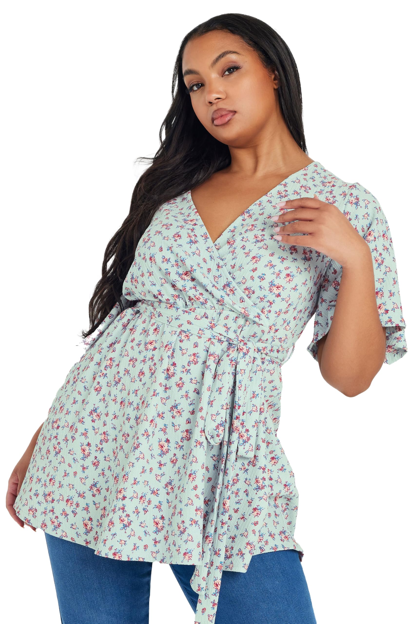 Yours Women's Light Blue Floral Wrap Textured Top In Size 26-28
