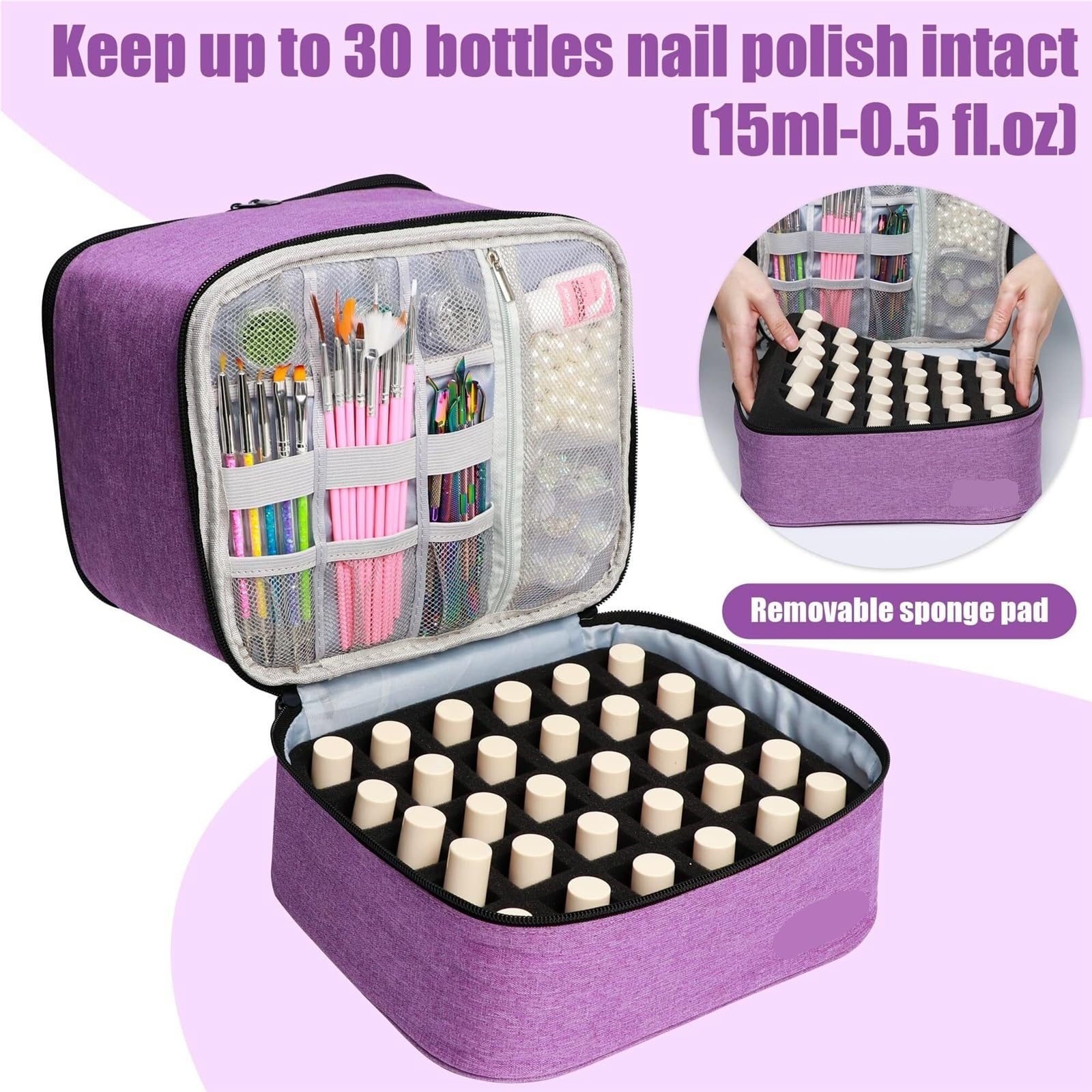 Organizer na lakier do paznokci, przenośny schowek podróżny na 30 butelek i lampę, kompaktowy uchwyt na lakier do przyborów do zdobienia paznokci, Fioletowy, 1 count (Pack of 1)
