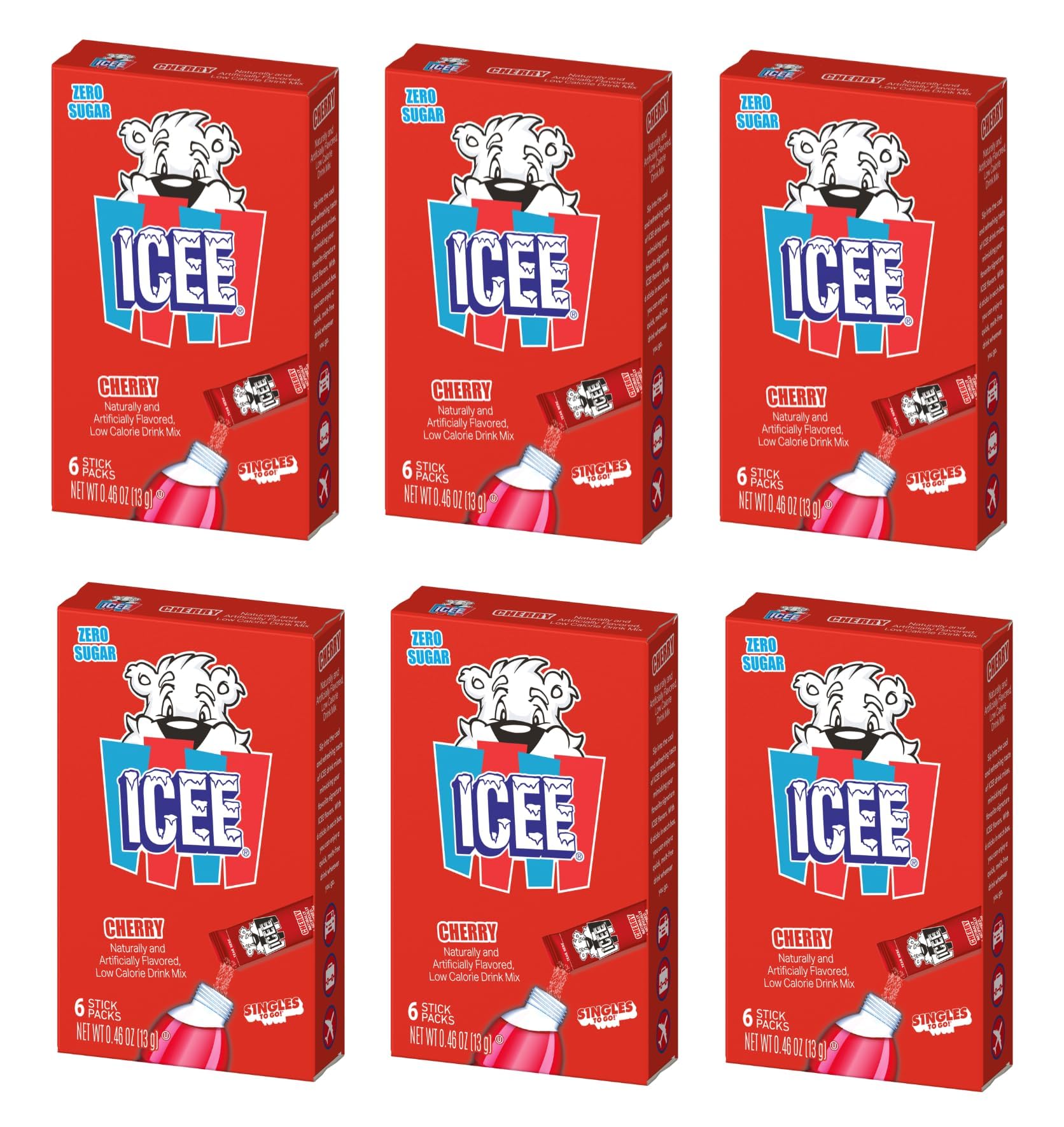 Cherry Singles To Go - Pack of 6 - Powdered Drink Mix - Zero Sugar - 6 Sticks Per Box - 36 Servings by Icee –, Model EWFJS2025_444.8