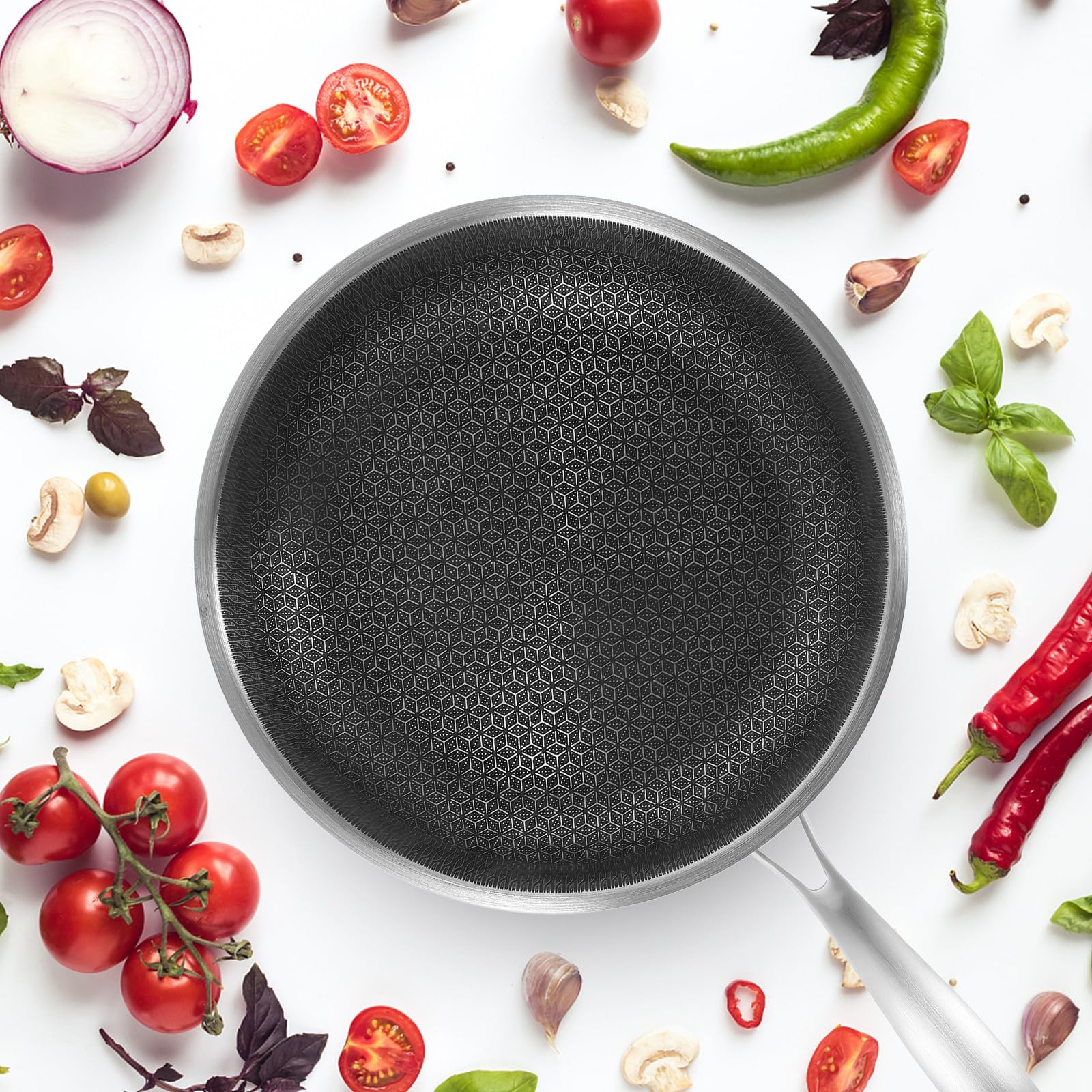Wok per Friggere Patate e Uova in Fondo Piatto e Acciaio Inossidabile Struttura a Nido d Ape Padella Antiaderente Manico Ergonomico Portatile per Cucina