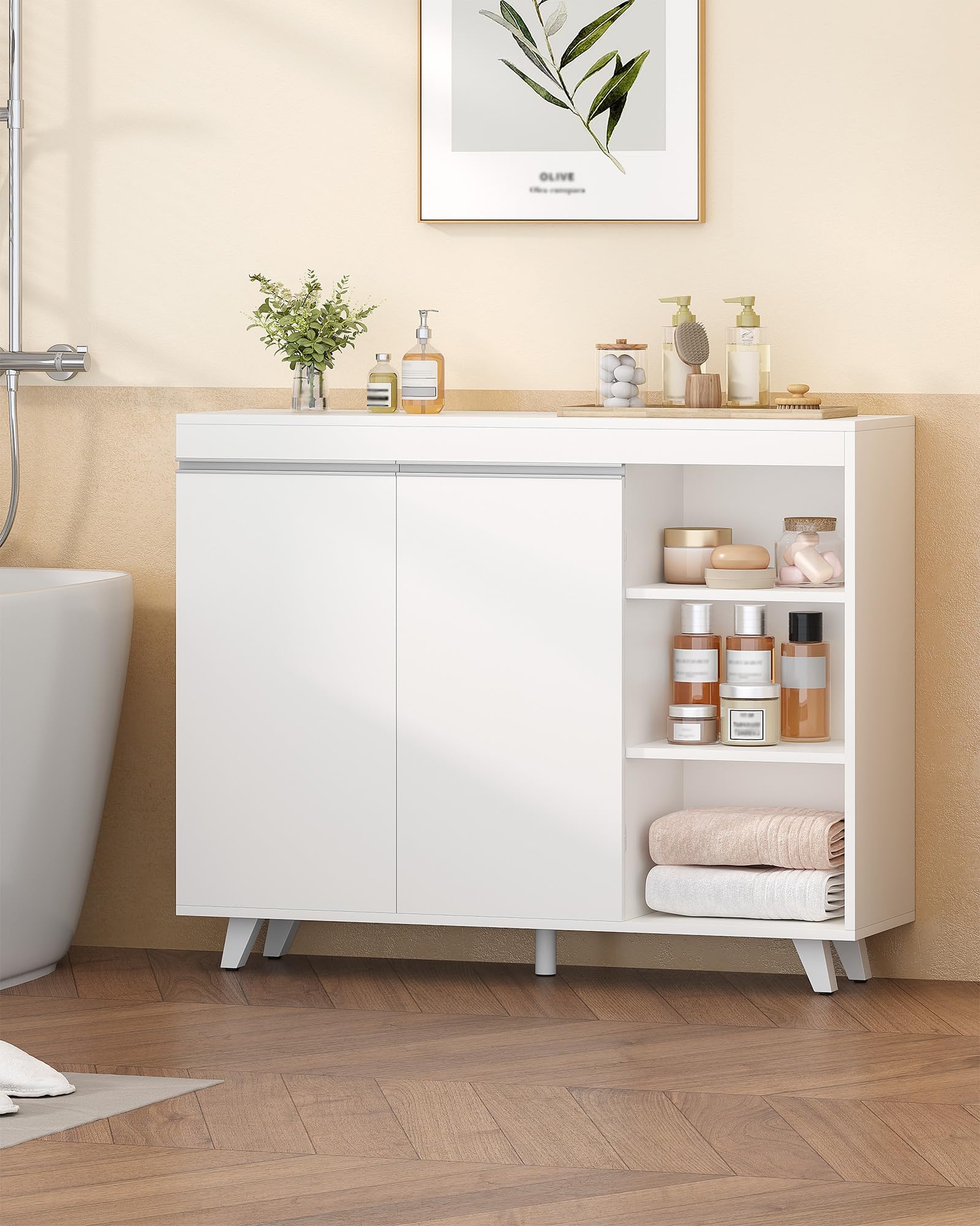 Hzuaneri Mobile da Bagno, Armadio di stoccaggio, Mobile da cucina, con 3 Ripiani Aperti Regolabili e 2 ante, moderno, per Bagno, Soggiorno, Ingresso, Cucina, 30 x 100 x 82 cm, Bianco SC20203X