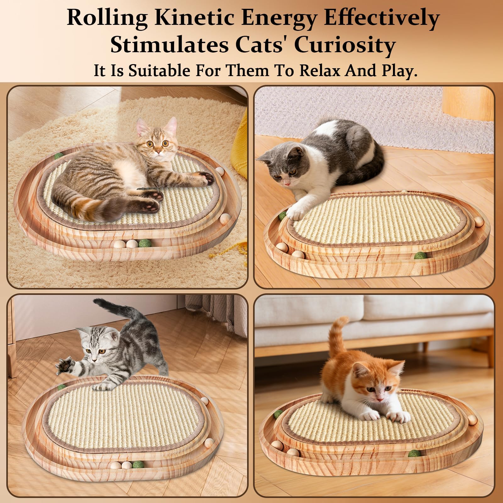LURICO Griffoir en Sisal pour Chat, Jouet 2 en 1, 43x33x2.5 Cm Chat Griffoir Réutilisable, Chaise Longue avec 6 Petite Balle pour Tous Les Chats, Jouer, Se，Protège Les Tapis et Canapés