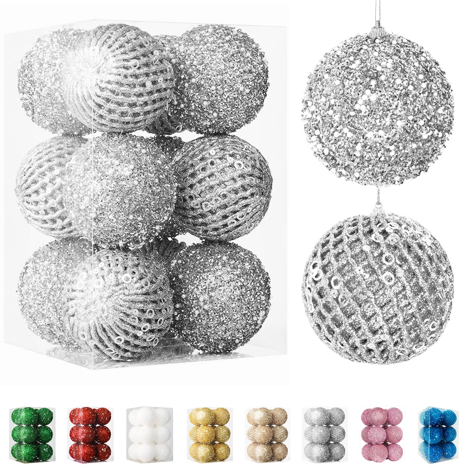 Fassory Silver 12Pcs 8Cm Christmas Baubles, Xmas Balls Hanging Ornaments For Christmas Tree Decorations (, 8Cm)