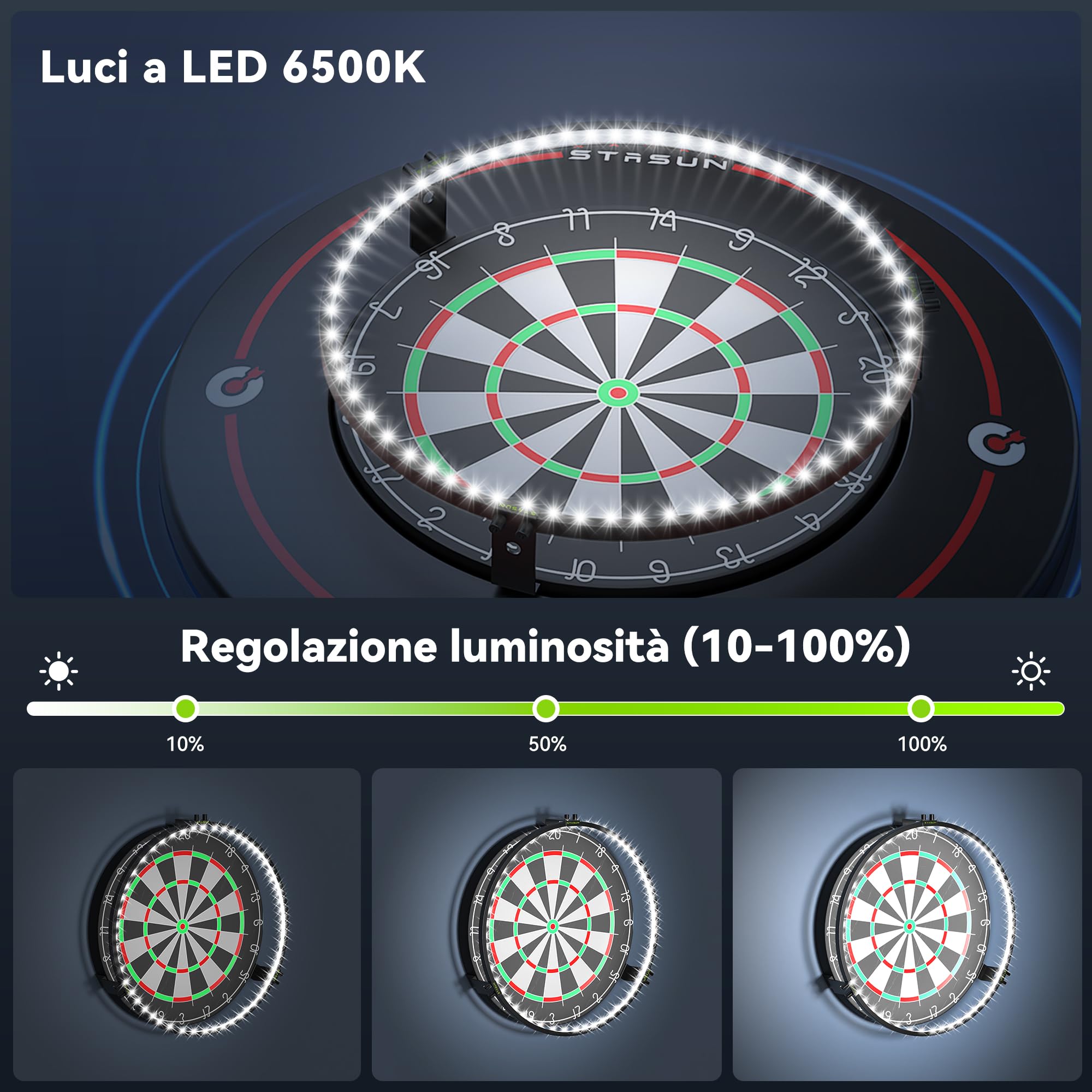 Illuminazione per freccette STASUN 360°, luce LED bianca per bersaglio da freccette, sistema di illuminazione per bersaglio da freccette rimovibile, anello luminoso magnetico da 12W 6500K e accessori