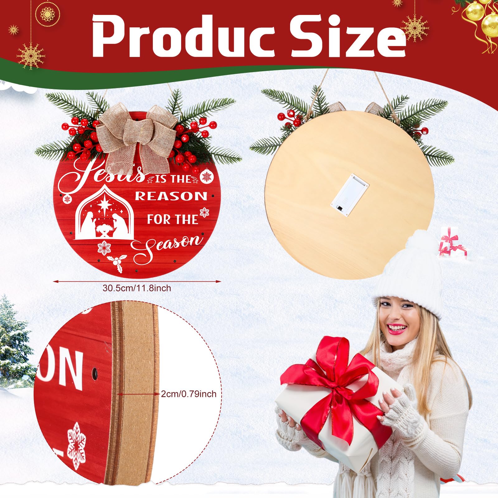 Coume Letrero colgante de madera de 30,5 cm con texto en inglés "Jesus is the Reason for the Season" con luces LED, placa de Navidad, belén de Navidad, corona de puerta para puerta delantera de