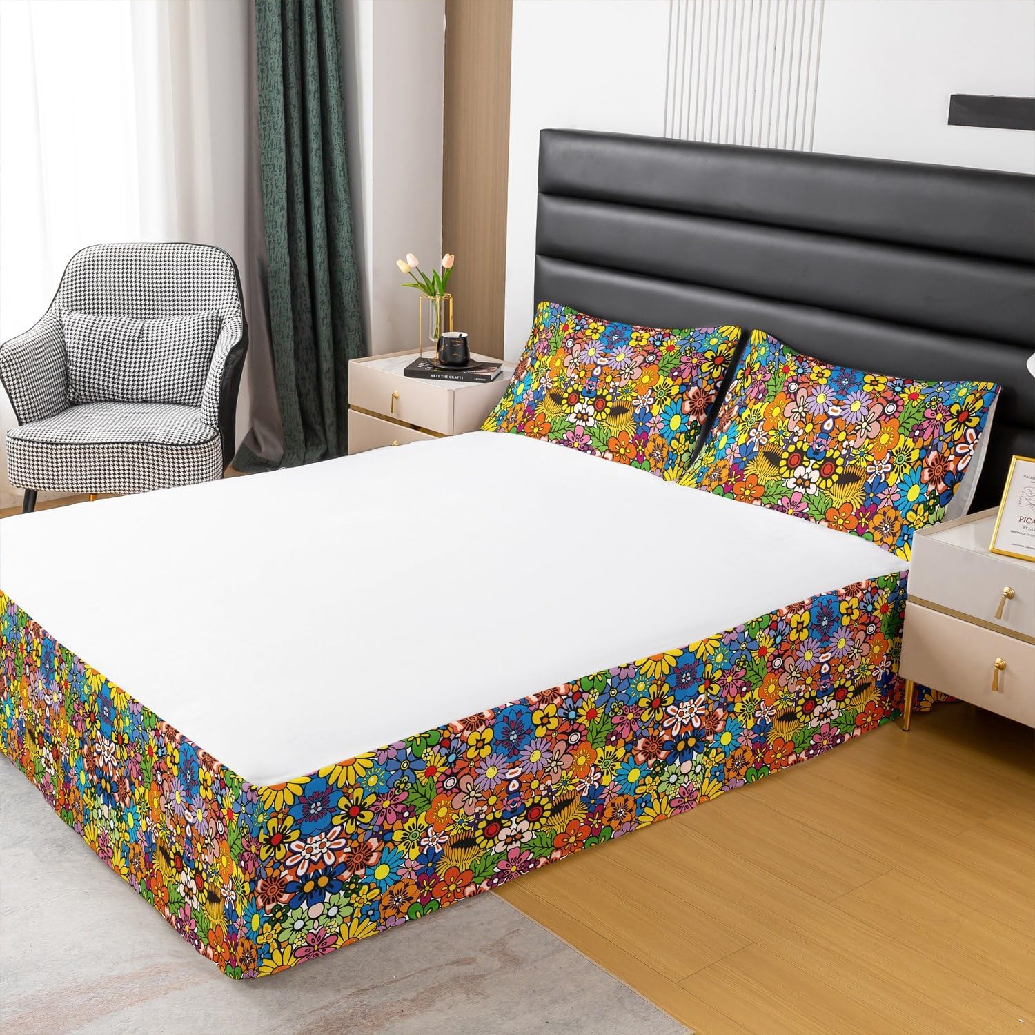 Retro 1970 1960 Floral Bedskirt Queen Size 15 Inch Drop Groovy Style Bed Skirt for Kids Boys Girls Teens Room Decorations Hippie Flower Print Pleated Bed Skirt Colorful Dust Ruffle