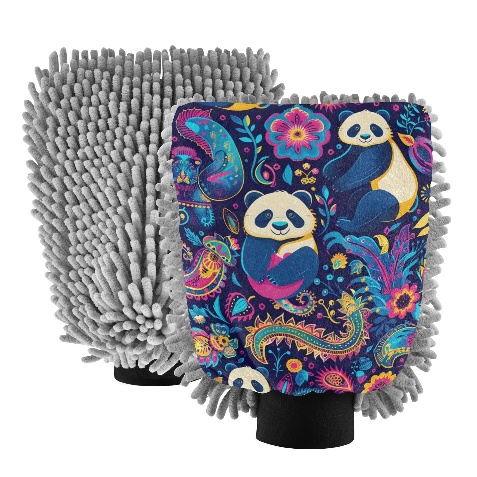 IOACIY Absorbent Microfiber Car Wash Drying Mitts, 2 Pack, Scratch-Free & Lint-Free, Rich Foam, Highly Absorbent, Double Sided, Wash Mitt Perfect for Car Washing, L, Panda (33)