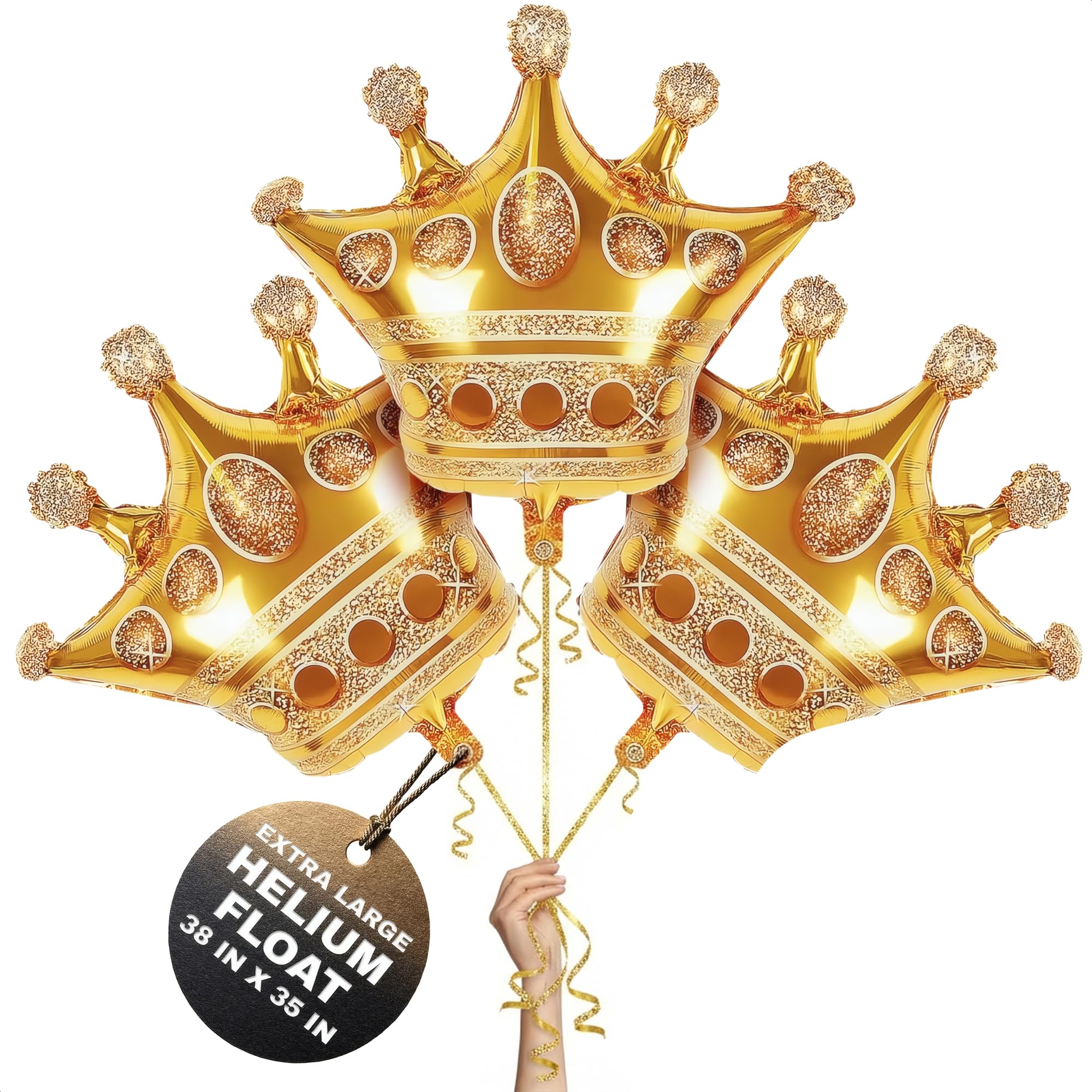 3 Pcs Gold Crown Balloons - Foil Princess Balloons Set, Large 38.2" X 35.4" Gold Crown Balloon - Reusable Design for Photo Zones, Birthday Parties, Weddings, Graduations & Princess Party Decorations
