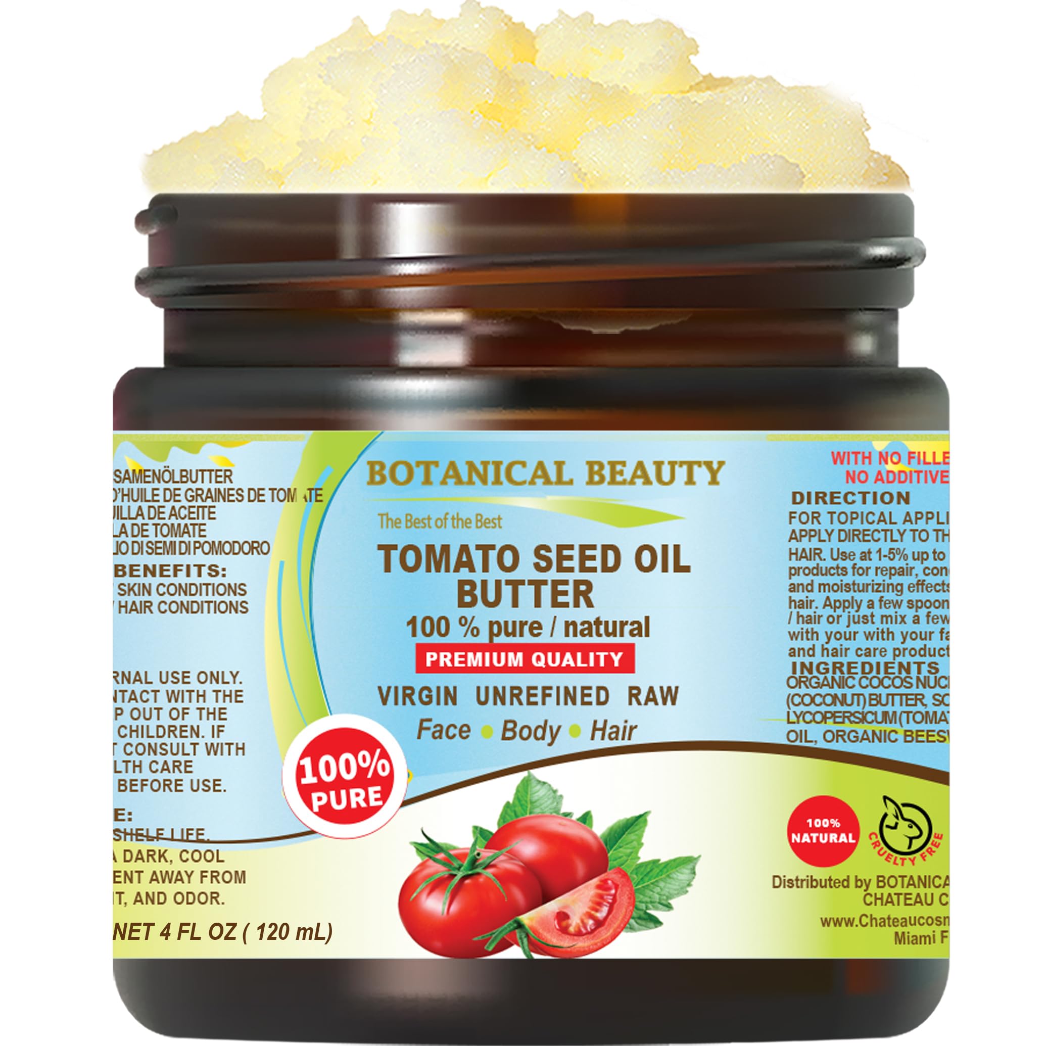 Botanical Beauty TOMATO SEED OIL BUTTER 100% Pure Natural VIRGIN UNREFINED Cold-Pressed for Face, Skin, Body, Hair, Lip, Nails. Rich in Vitamin E,