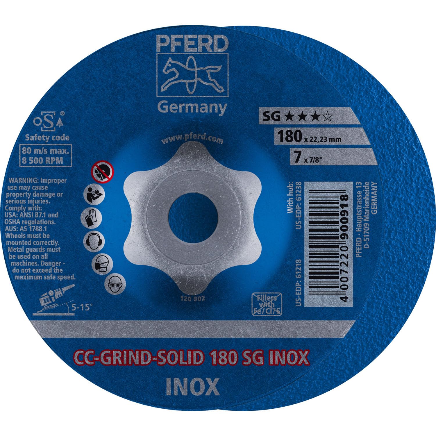 PFERD 61218 7" CC-GRIND-SOLID 7/8" A.H. - SG for STAINLESS/INOX (10 Pack)