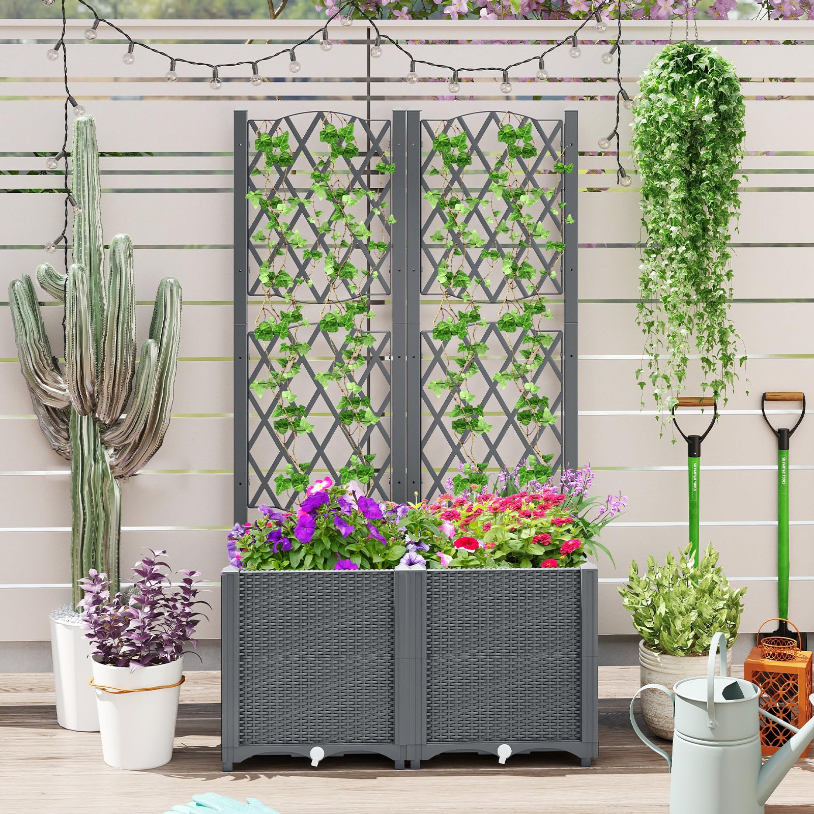 COSTWAY Letto da Giardino Elevato con Trellis a Lattice, Fioriera Autoinnaffiata per Piante Rampicanti, Fiori e Verdure, Fioriera Verticale da Interni e Esterni (Grigio,80 x 40 x 140 cm)