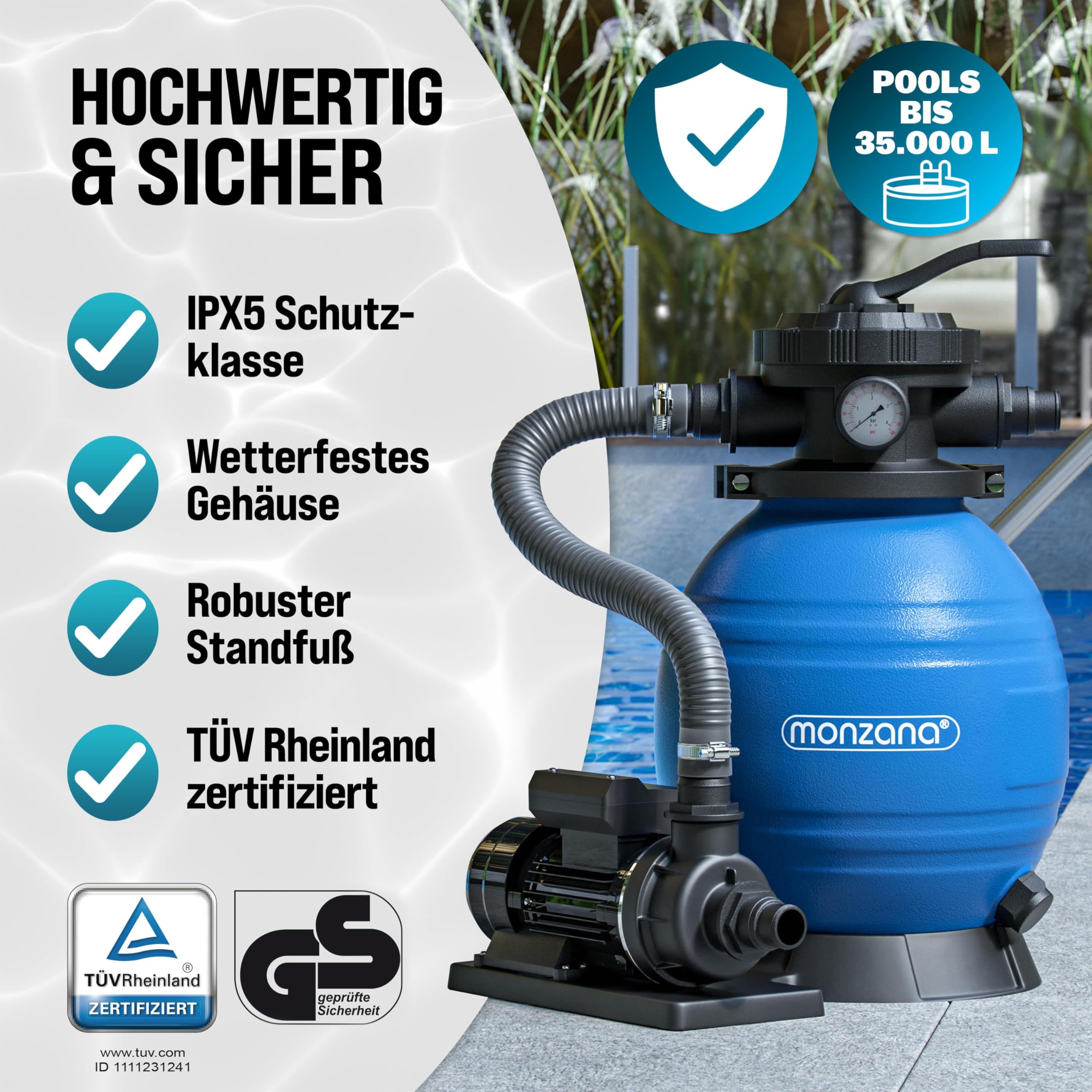 MONZANA® Filtro Acqua per Piscina SF12K 10.200 L/h Fino a 35.000L Vetro Filtrante Incl. Valvola a 7 Vie Adattatore 2in1 Ø32-38mm Pompa di Filtraggio 450W Filtri Piscine Fuori Terra Pompe Filtranti
