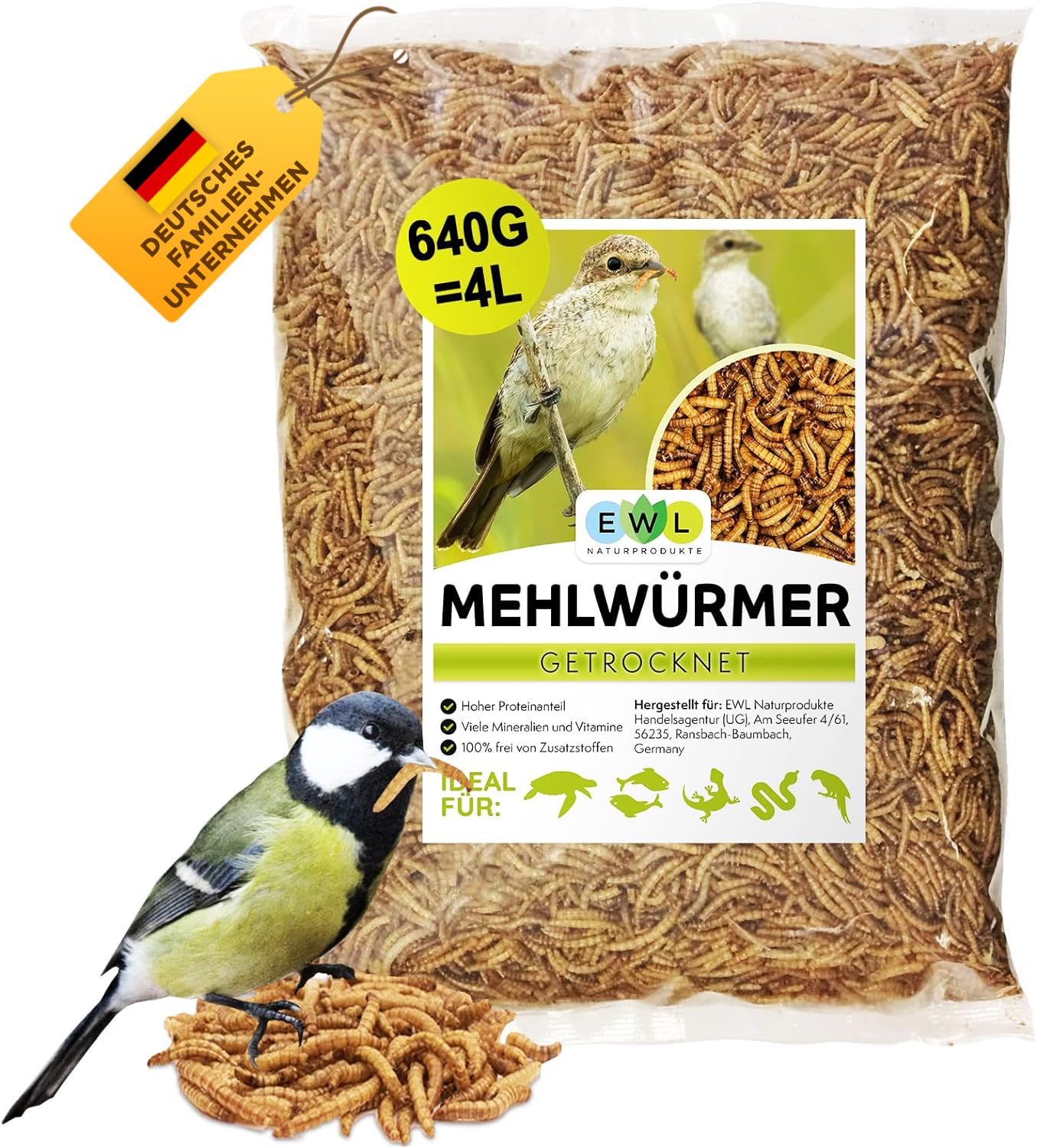 EWL Naturprodukte Mehlwürmer getrocknet 640 g (4 L), Insektensnack für Vögel, Fische, Schildkröten, Nager, Igel, Reptilien, Vogelfutter, Wildvogelfutter, Hamsterfutter, ganzjährig