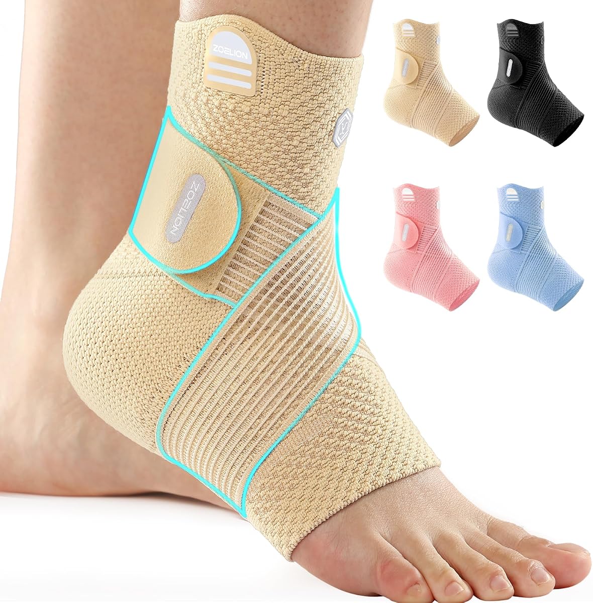 ZOELION Ankle Brace Compression Support with Removable Fishnet Strap, 3D Knit Plantar Fasciitis Relief Achilles Tendonitis Brace, Ankle Compression Sleeve for Pain Relief & Injury Healing, Beige/M