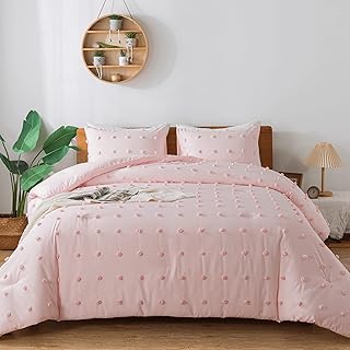 Pink Twin/Twin XL Comforter Set (68x90 inches), 2 Pieces- Soft Cotton Lightweight Blush Comforter with 1 Pillowcase, Chenille Dots All Season Down Alternative Comforter Set for Bedding